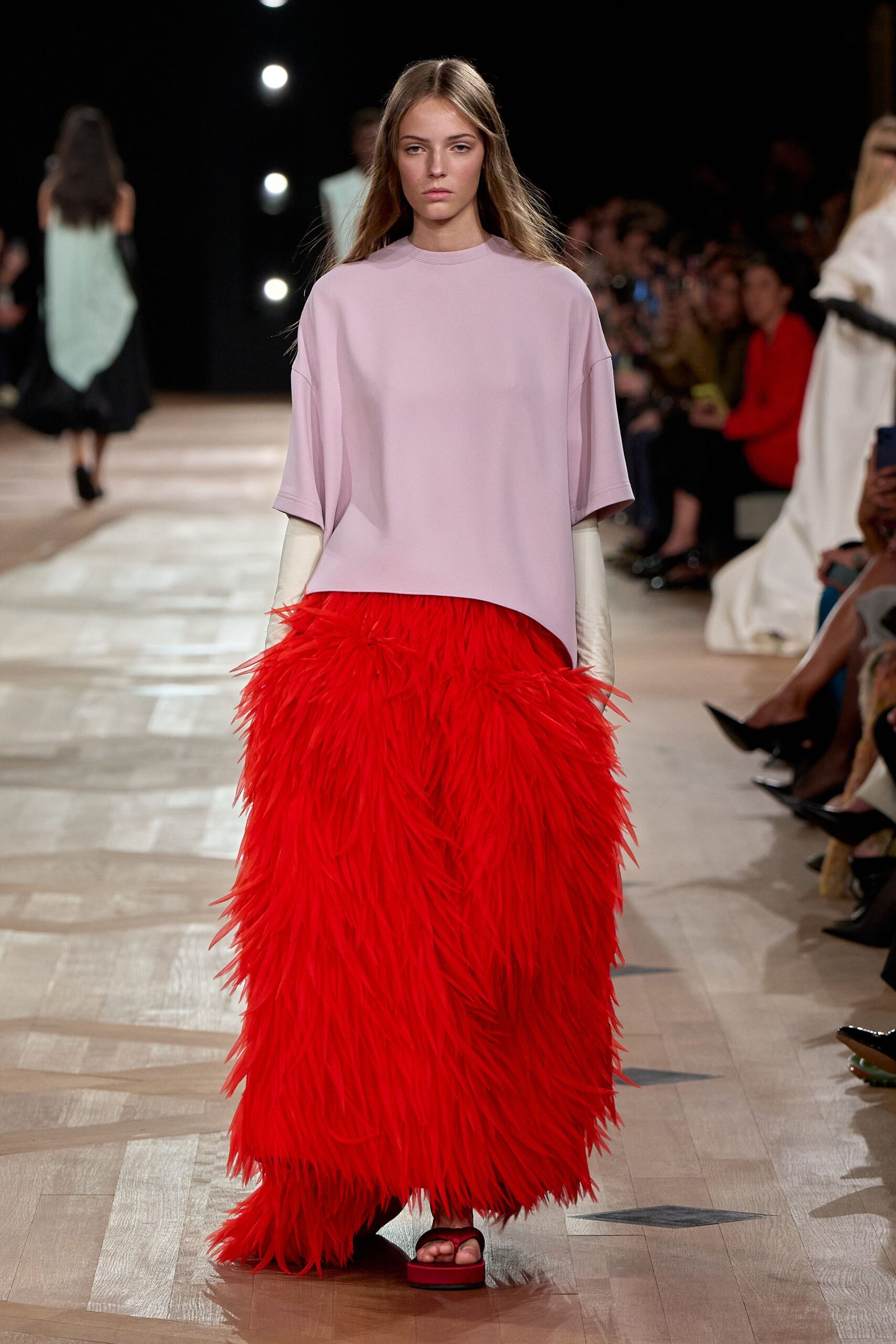 red fur fitted fringed maxi skirt