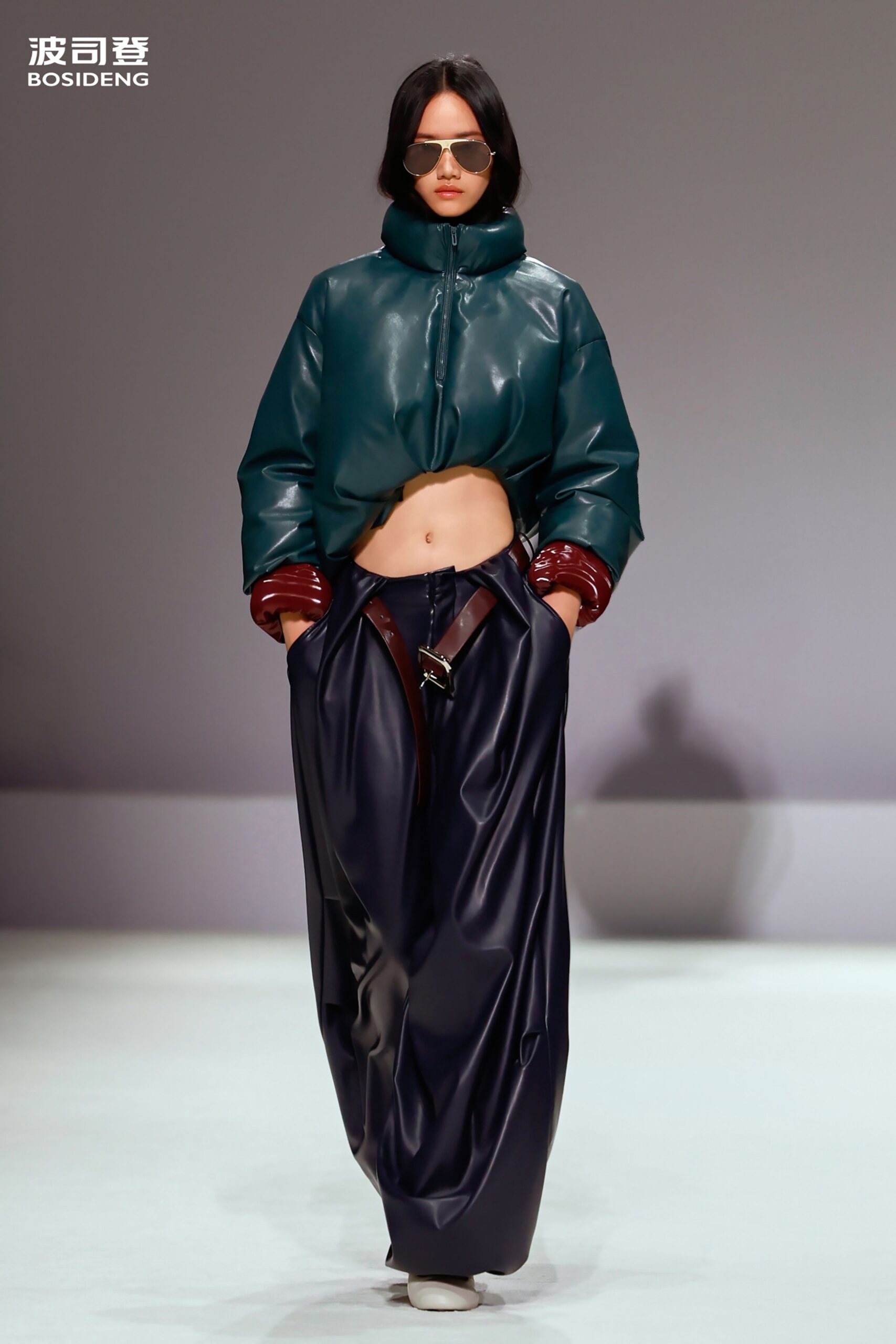 teal vinyl long-sleeve high-neck fitted zippered jacket