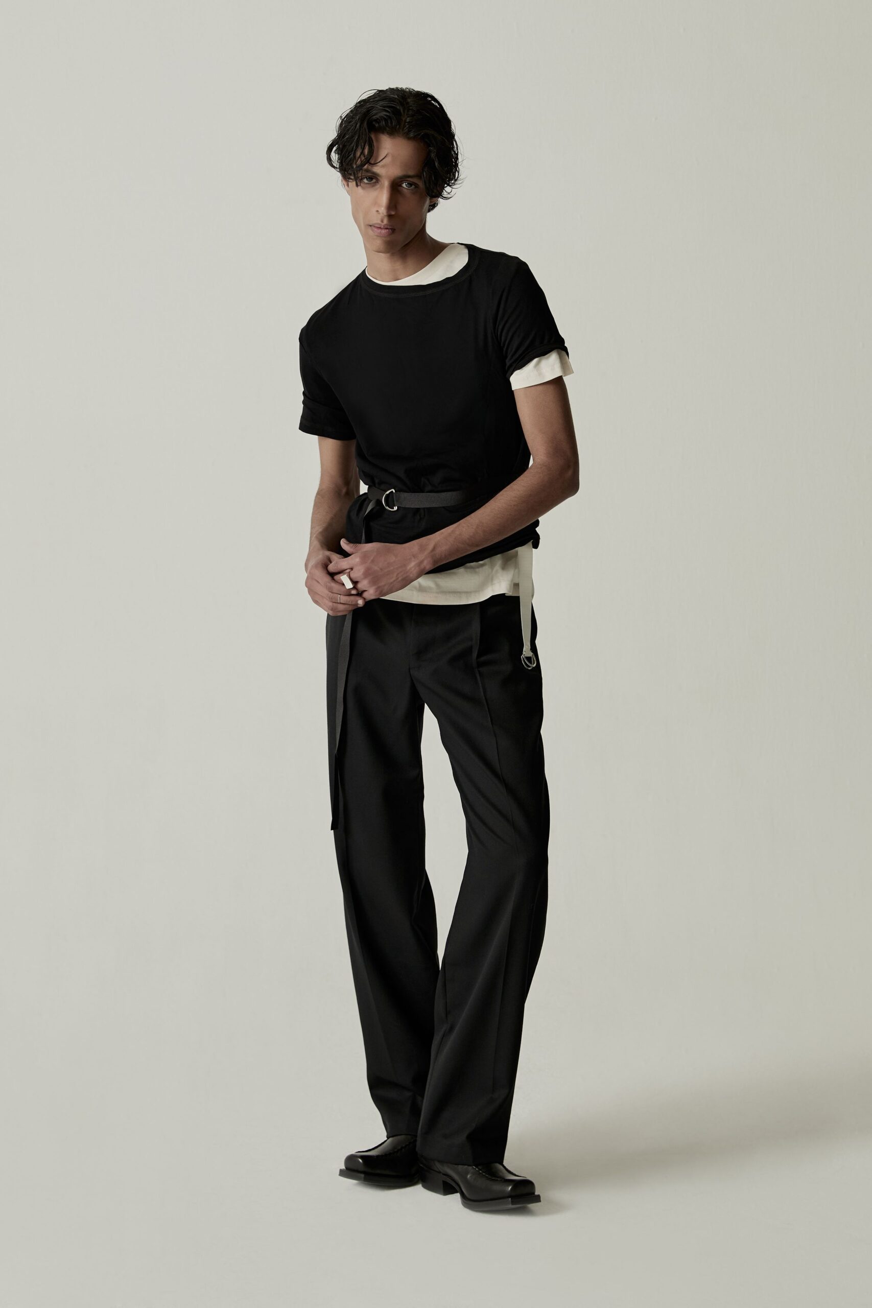 black t-shirt white shirt black pants