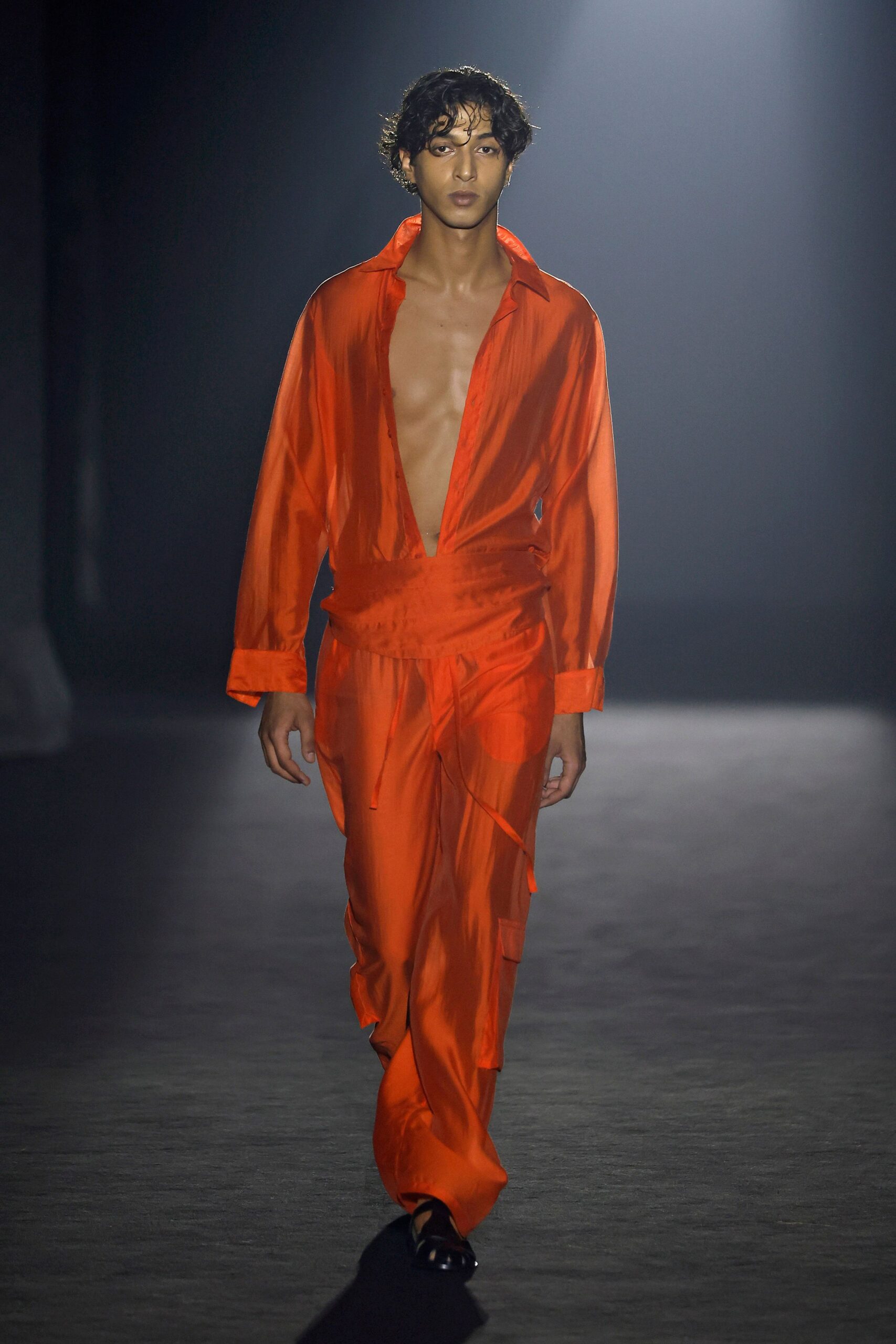 red silk fitted jumpsuit