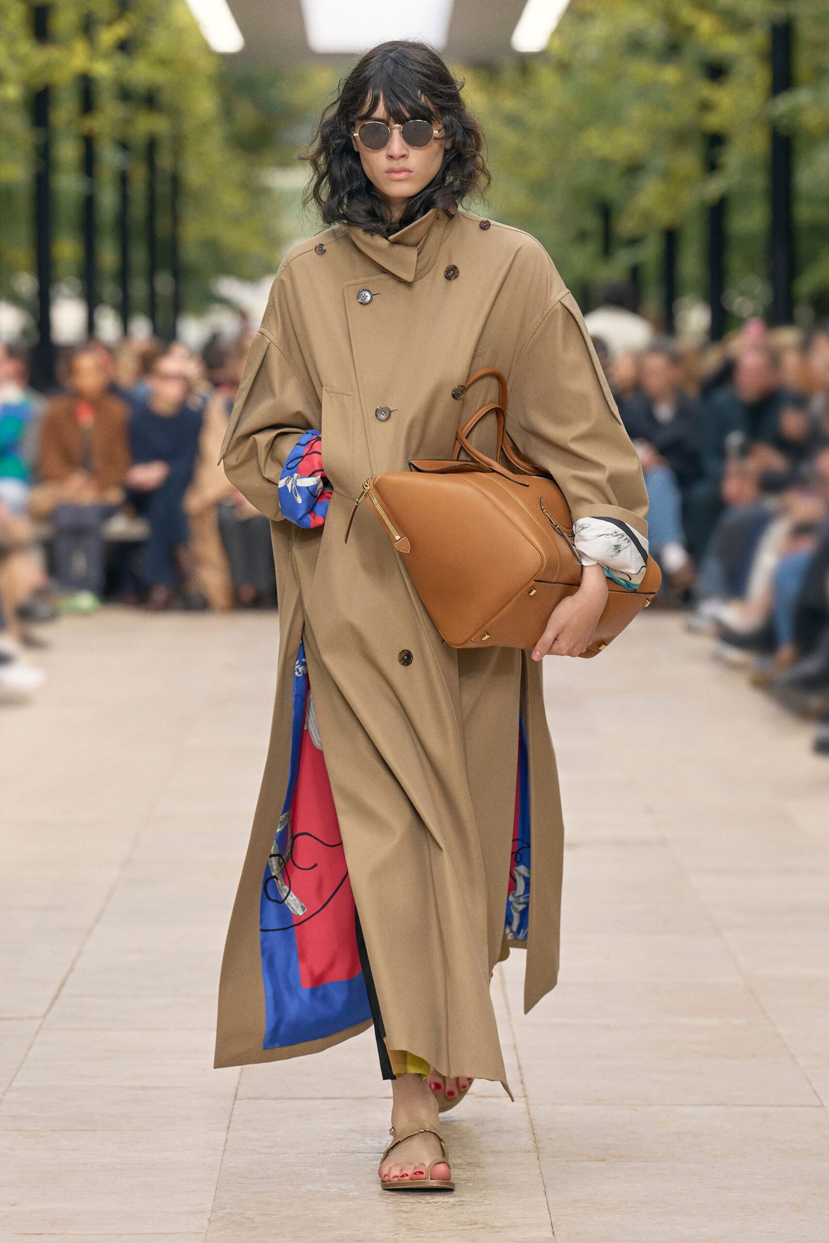 beige coat with printed top