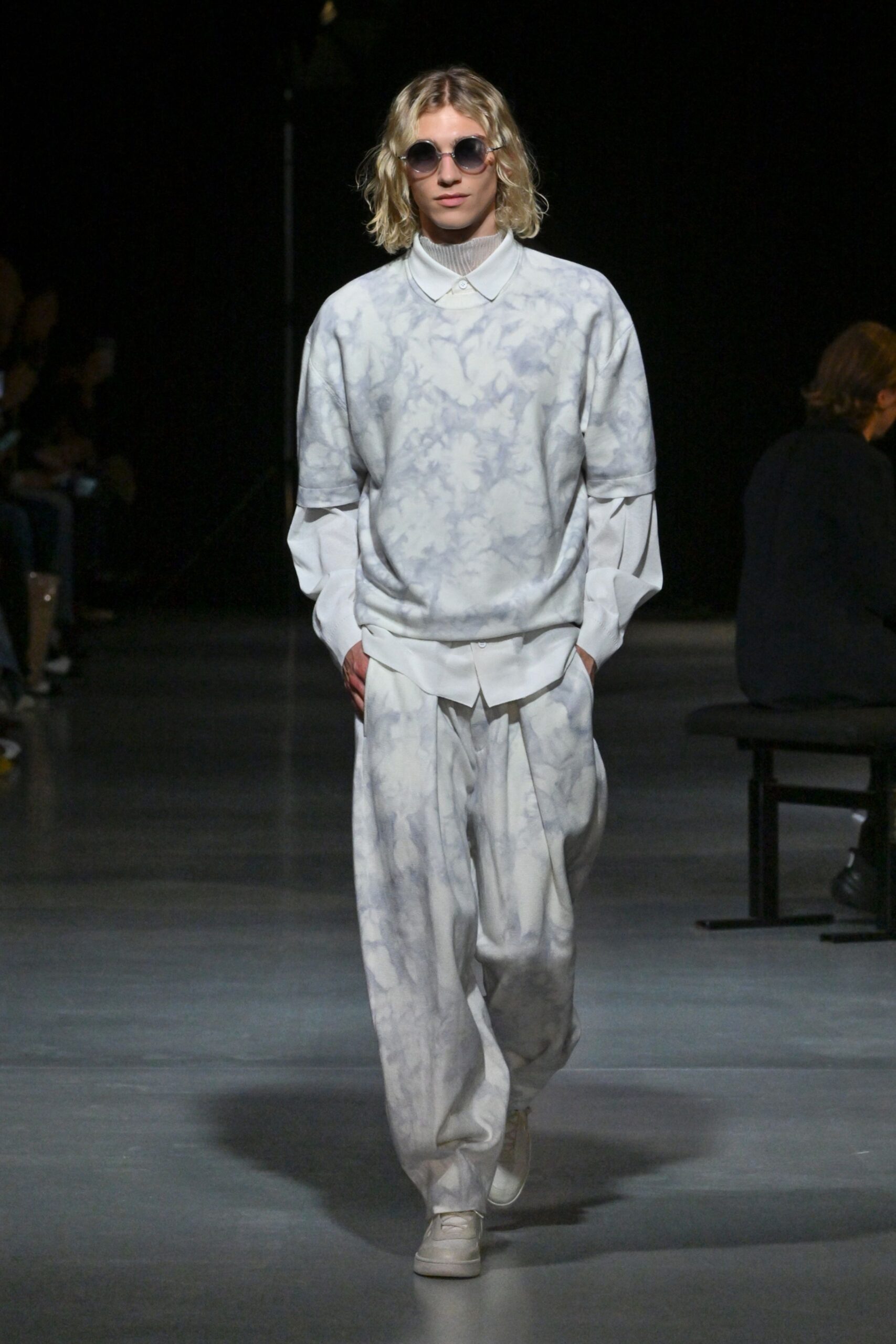 white cotton long-sleeve collared relaxed printed sweater
