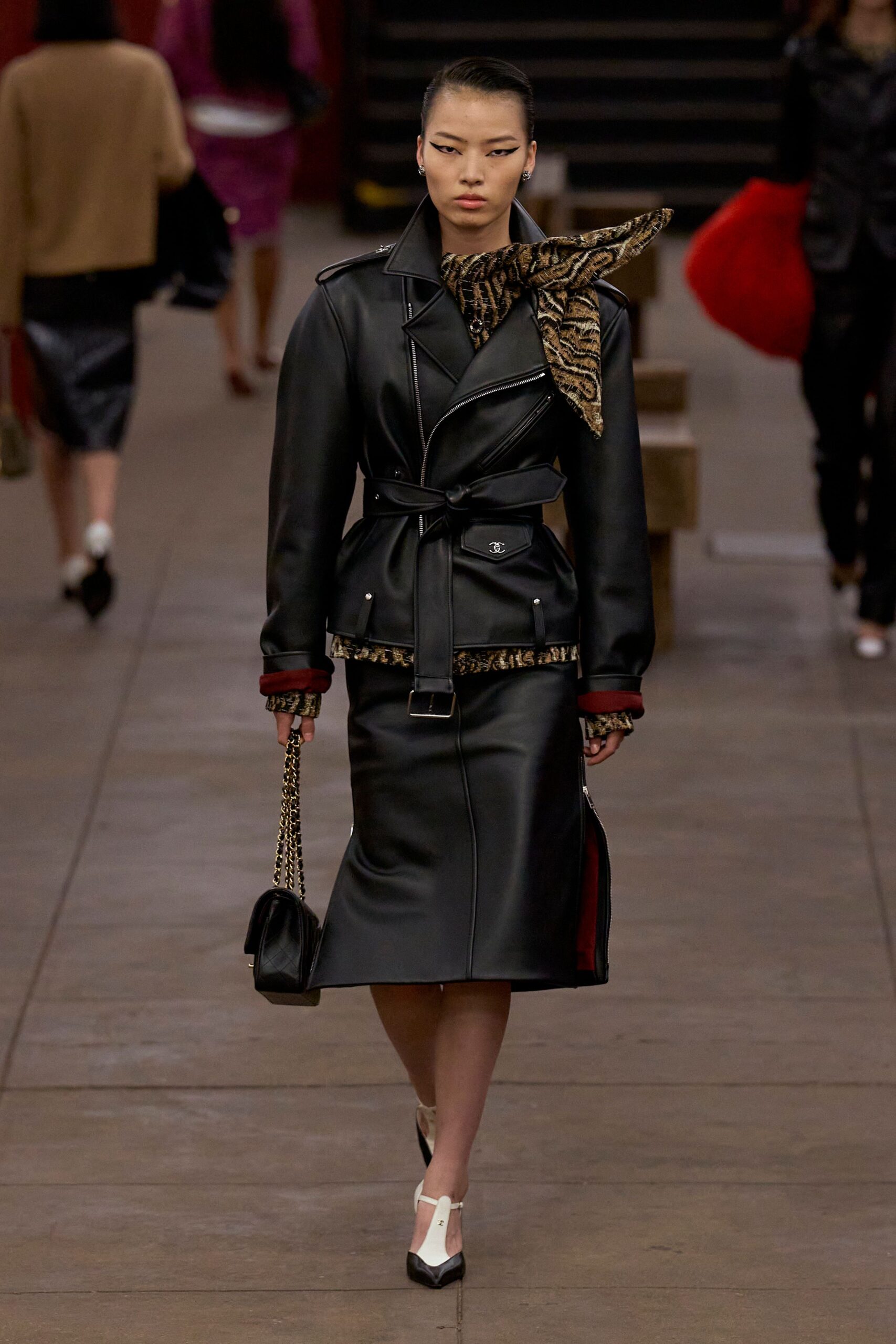 black leather coat and skirt