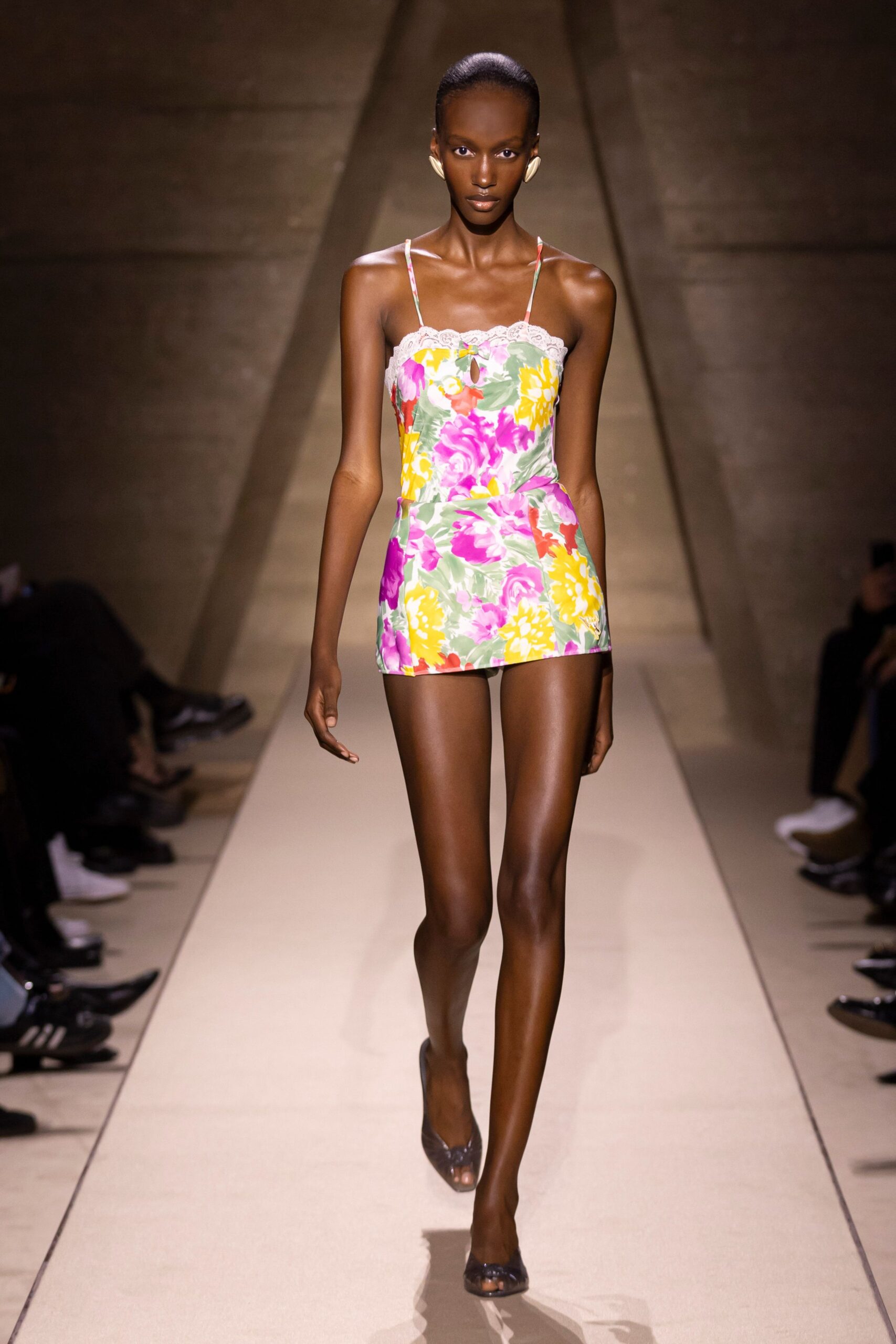 floral mini-dress with clear shoes