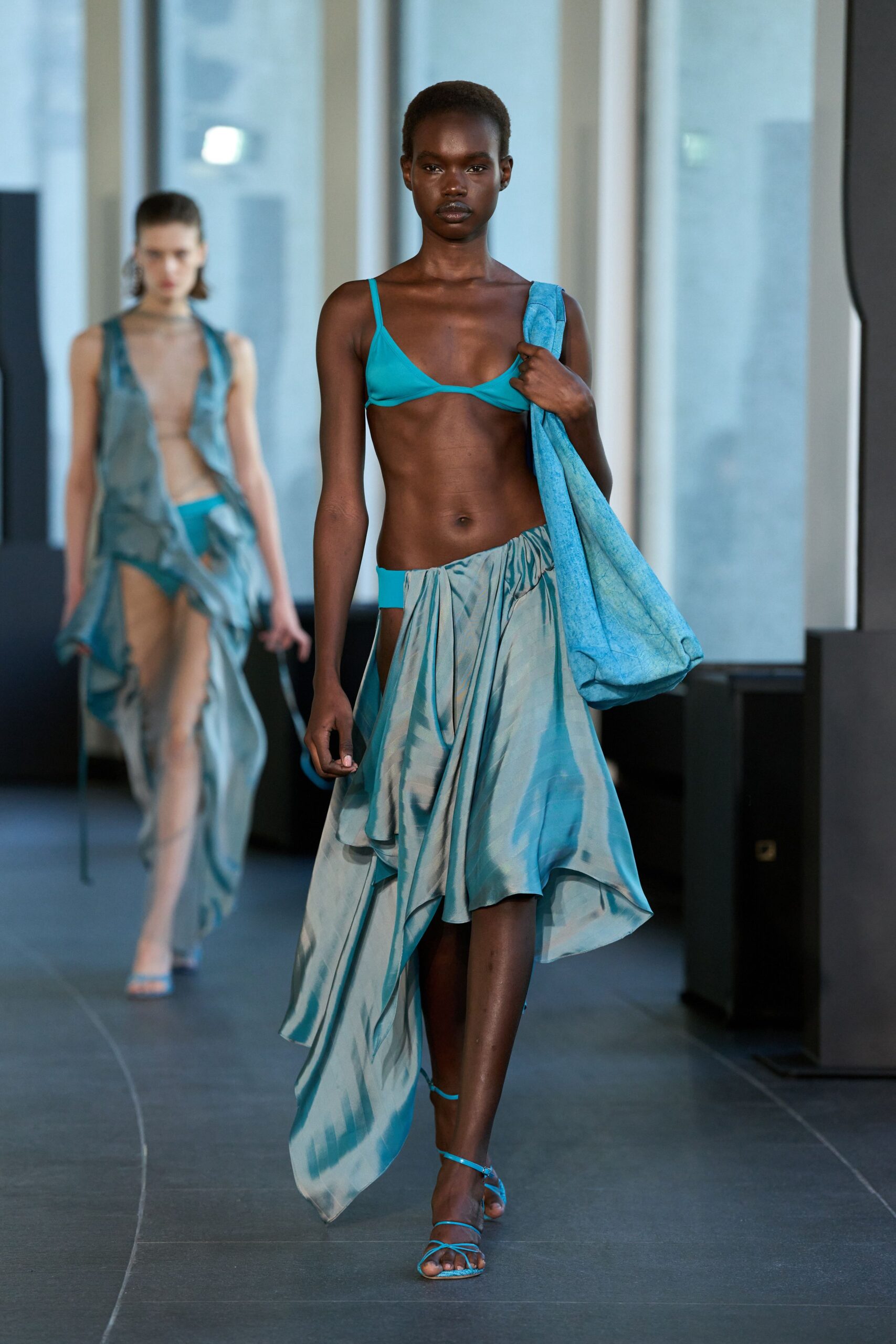 blue silk sleeveless halter fitted printed bikini