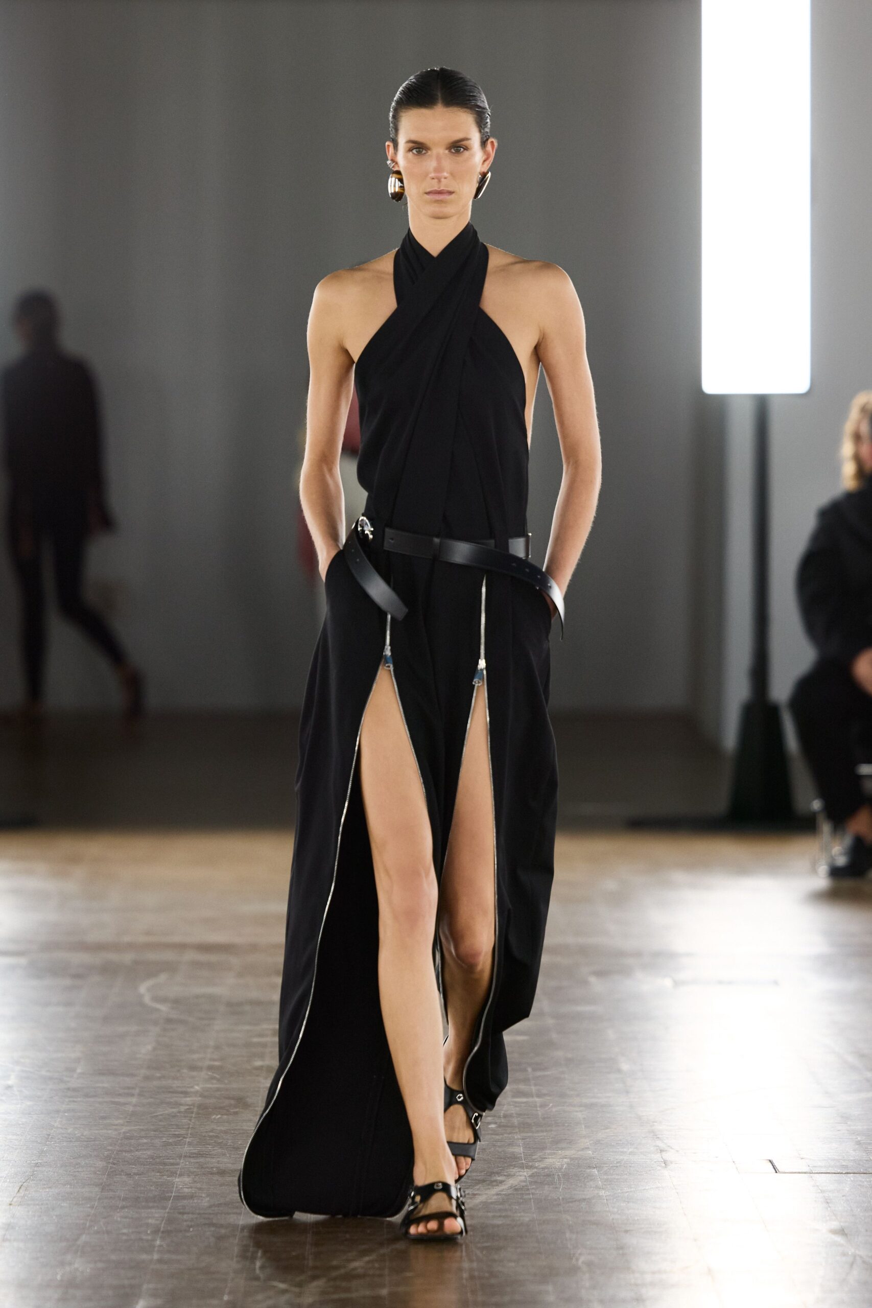 black silk sleeveless v-neck fitted zippered maxi gown