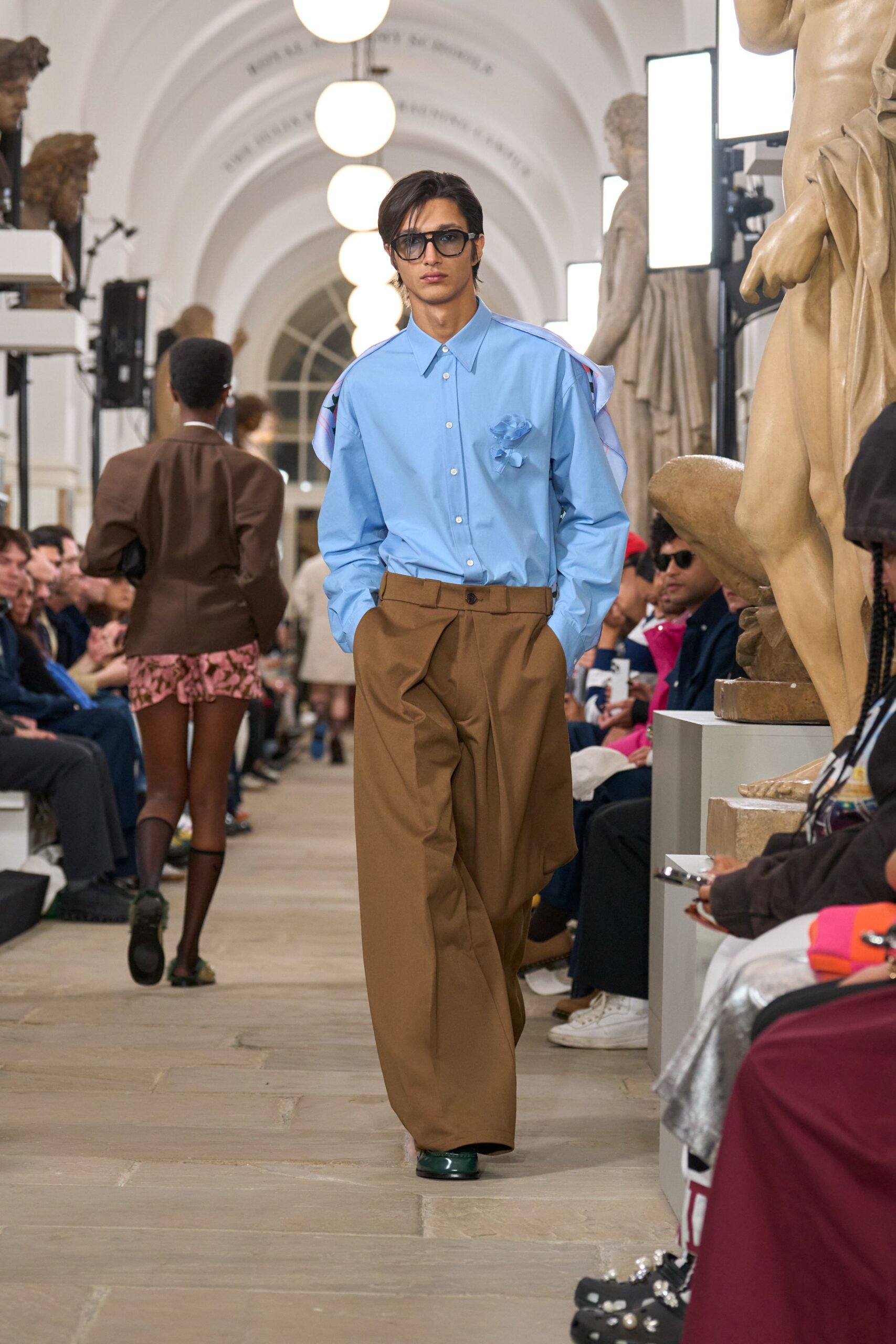 blue shirt brown blazer relaxed pants