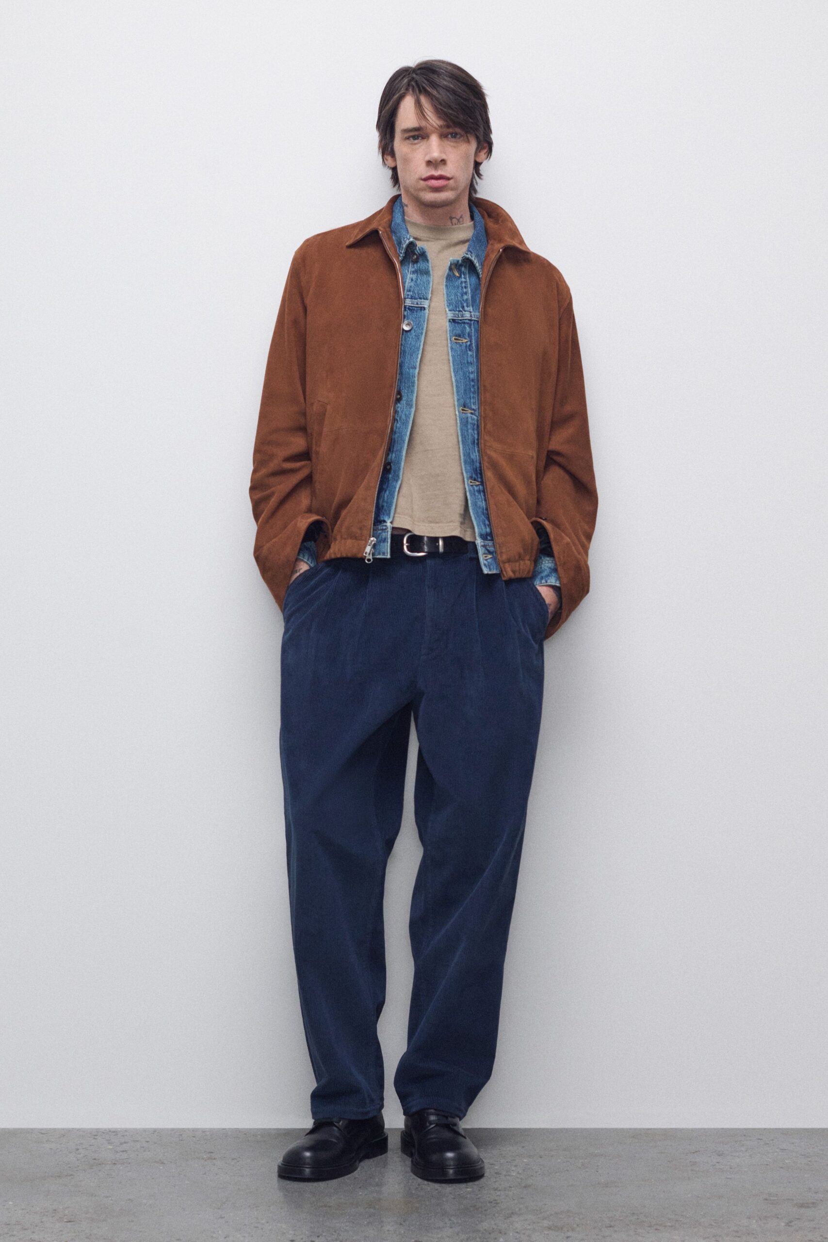 brown suede jacket with denim shirt