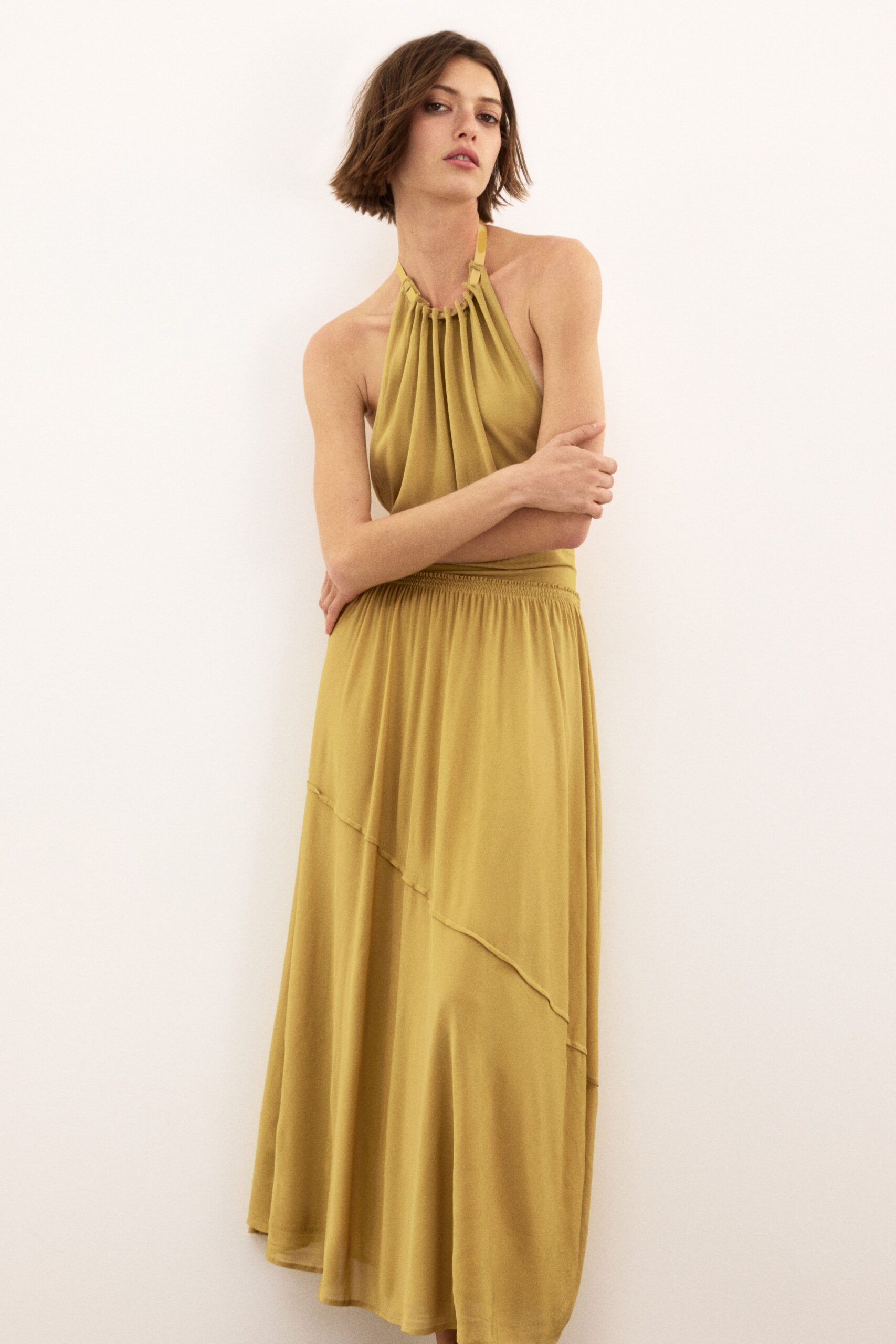 yellow silk halter dress