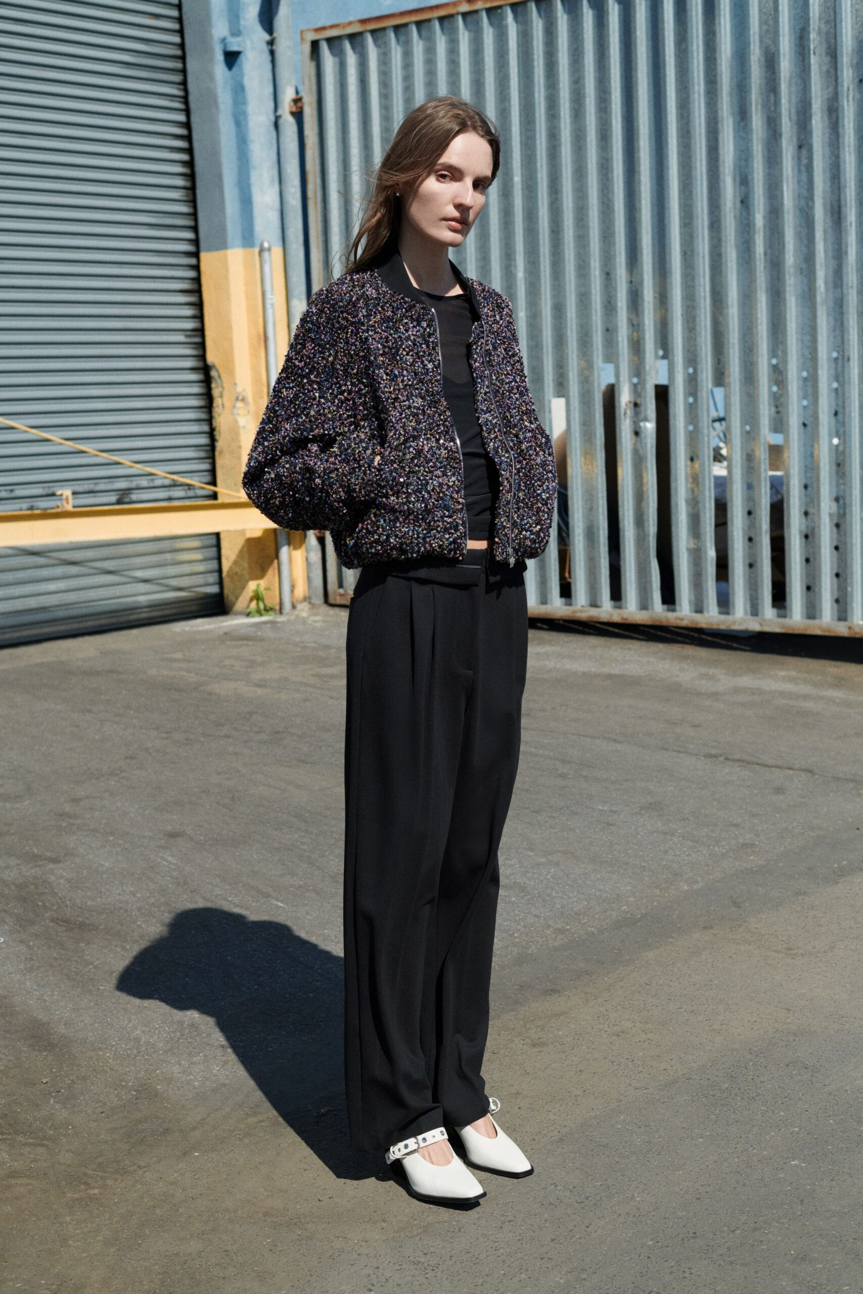 multi cotton long-sleeve collared relaxed textured jacket