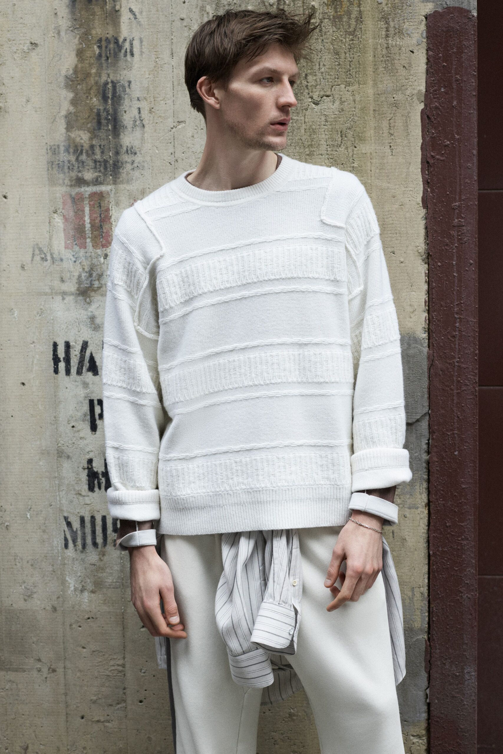 white cotton long-sleeve collared relaxed striped sweater