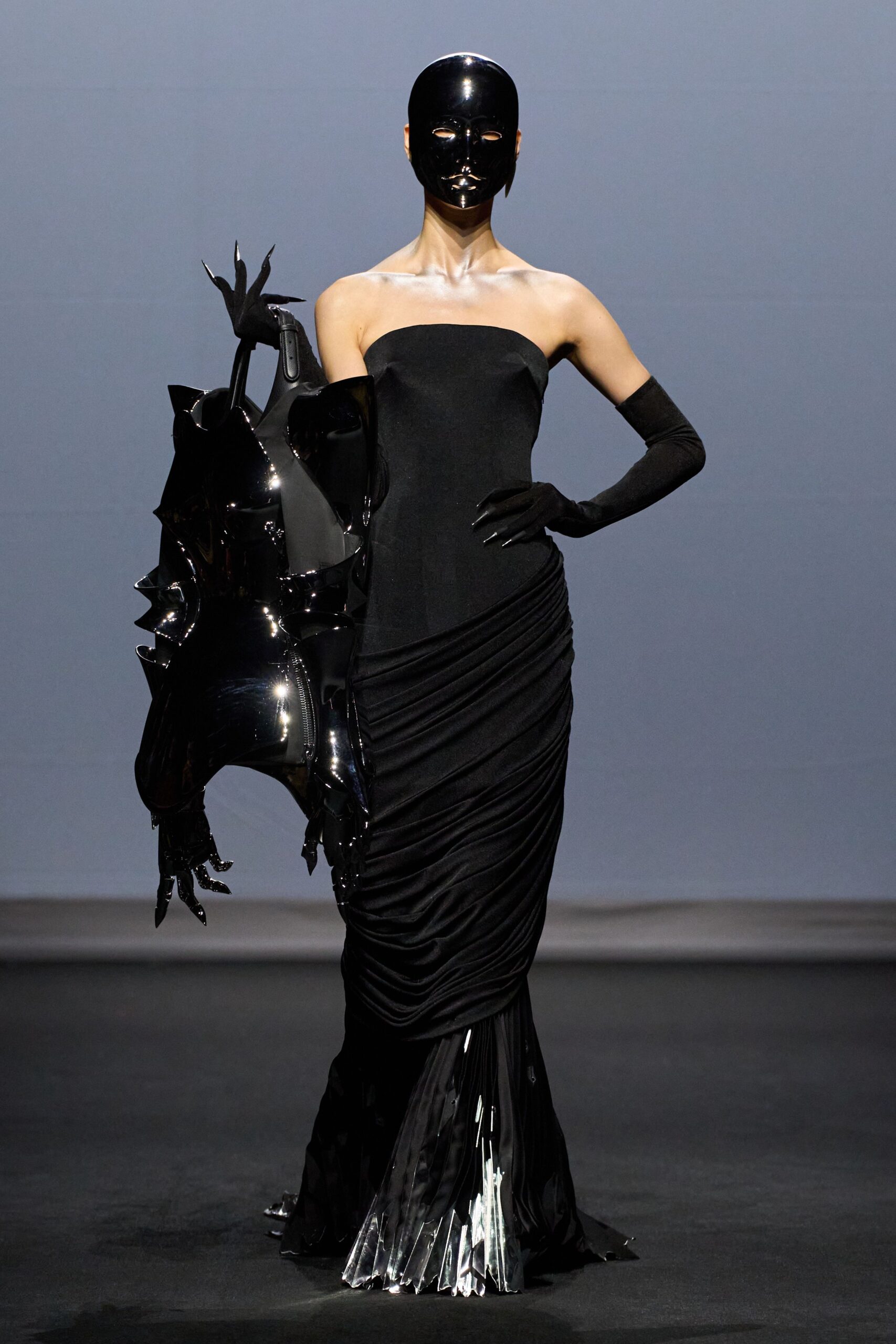 black strapless ruched gown