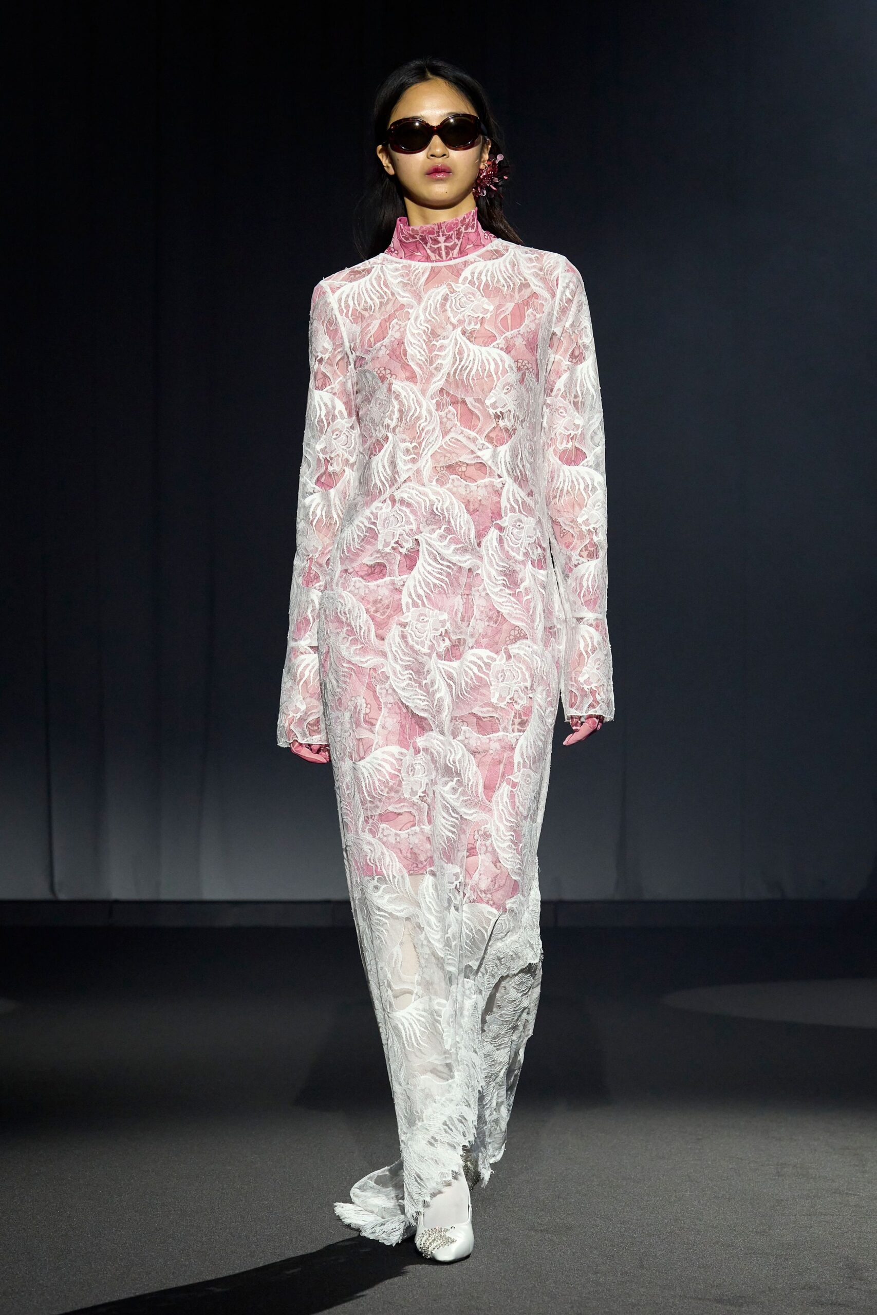 white pink embroidered lace gown