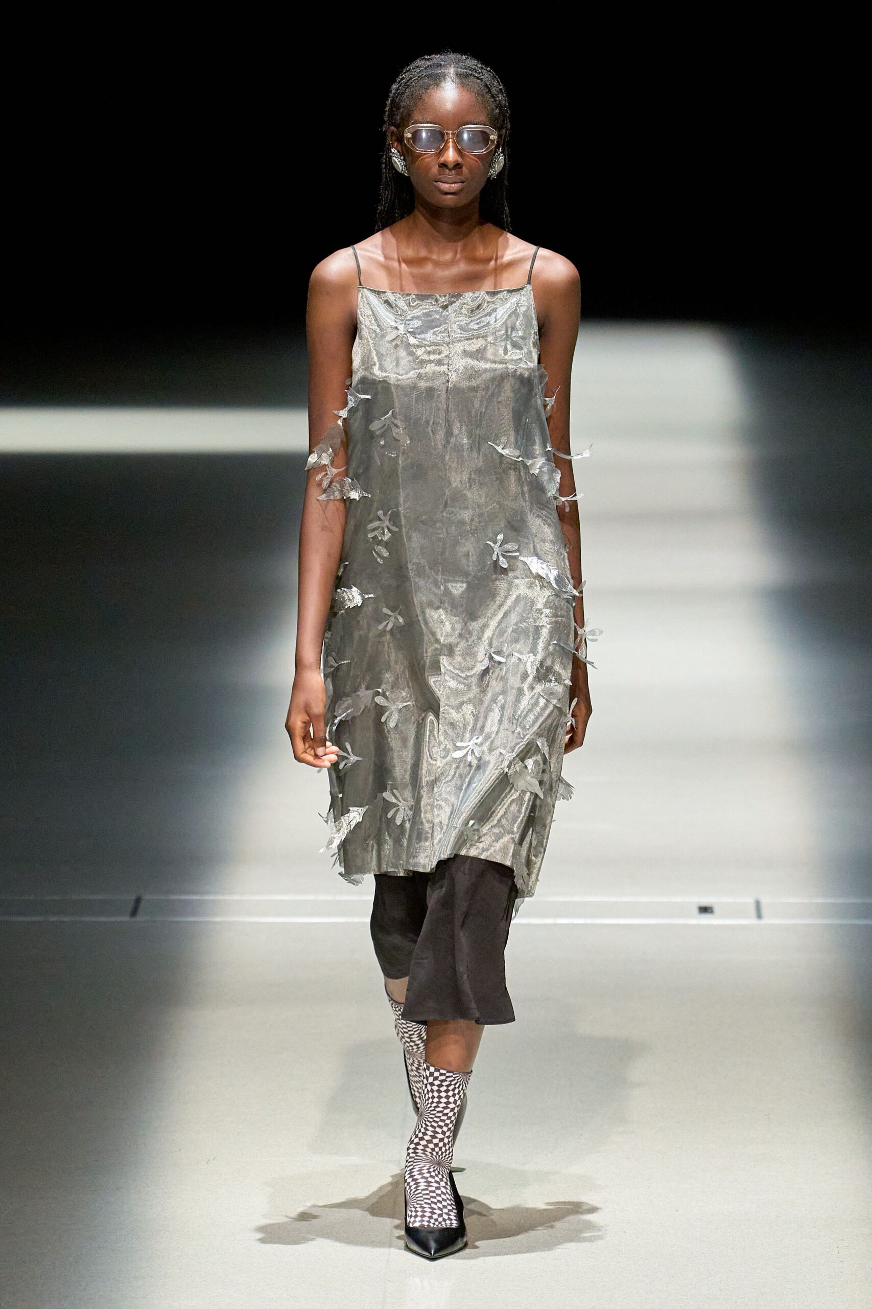 gray silk sleeveless v-neck fitted embroidered sheer dress