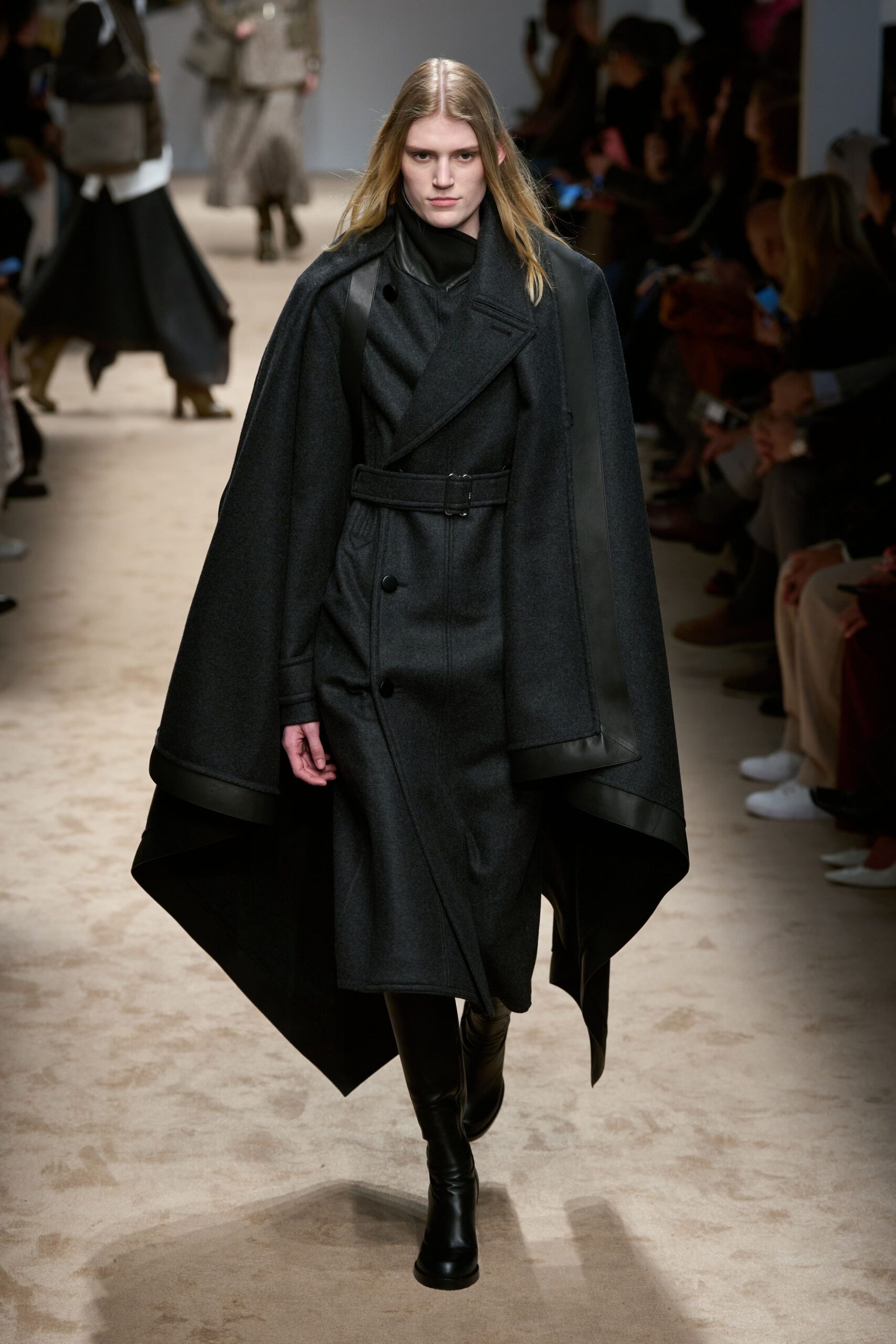 black wool long-sleeve collared fitted belted layered coat