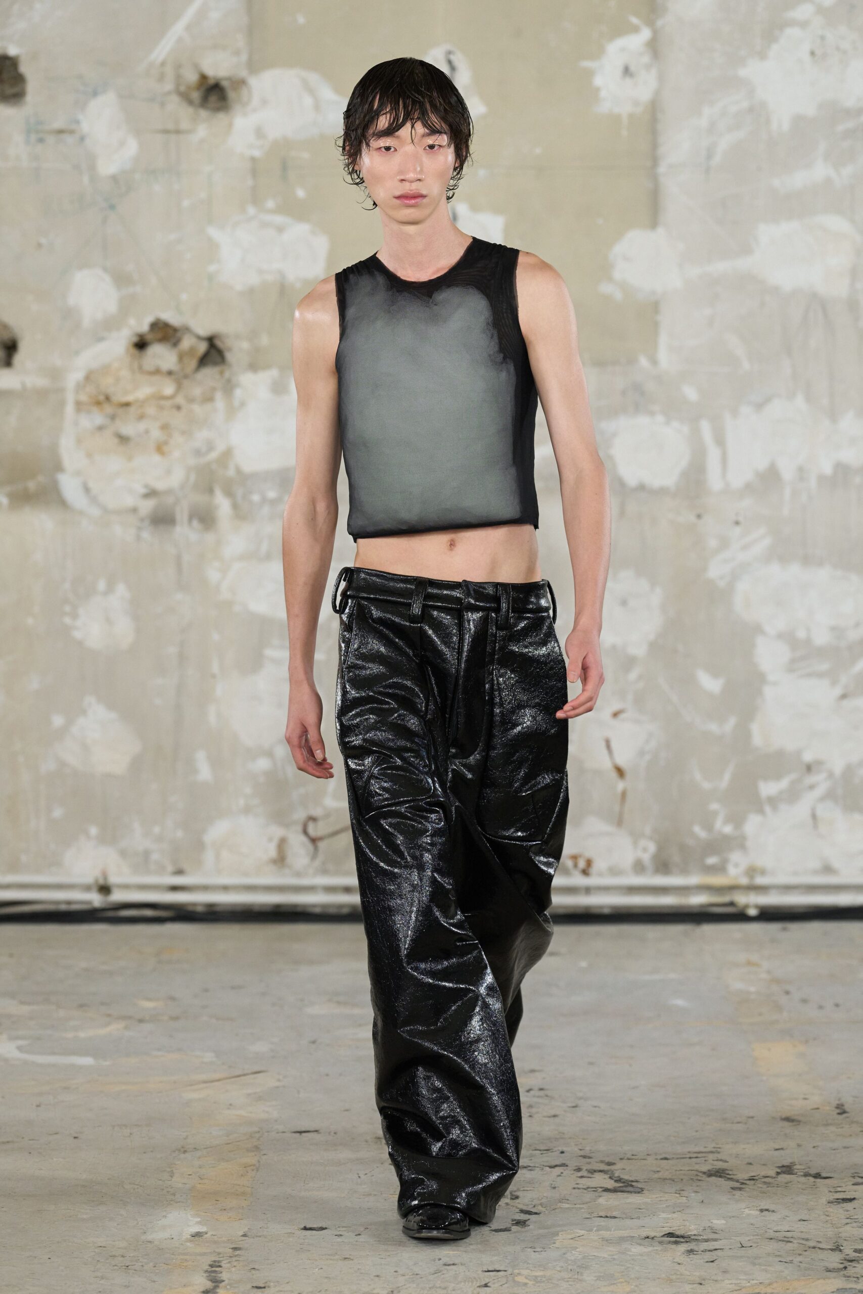 black vinyl relaxed wide-leg shiny pants