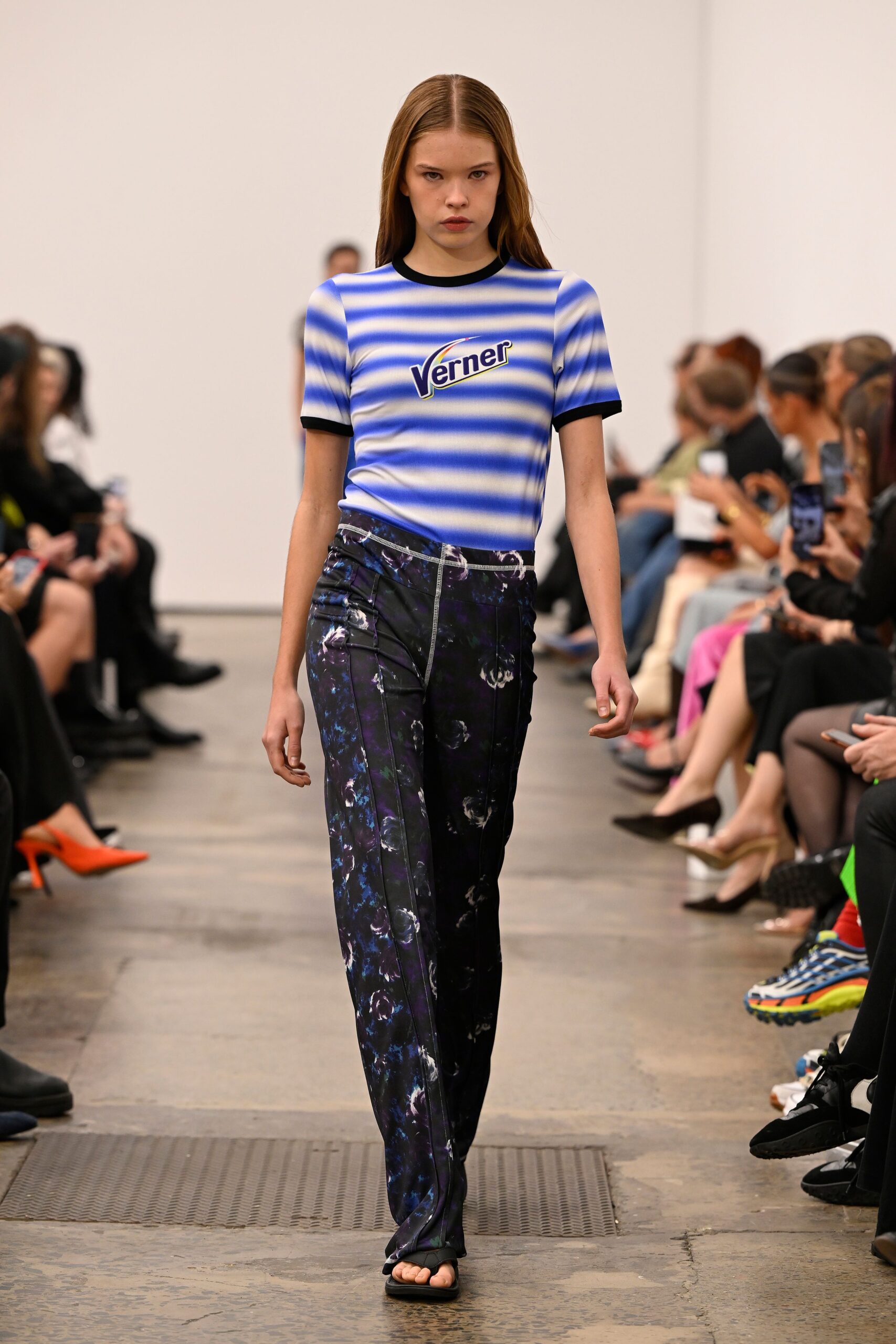 blue striped fitted top with printed pants