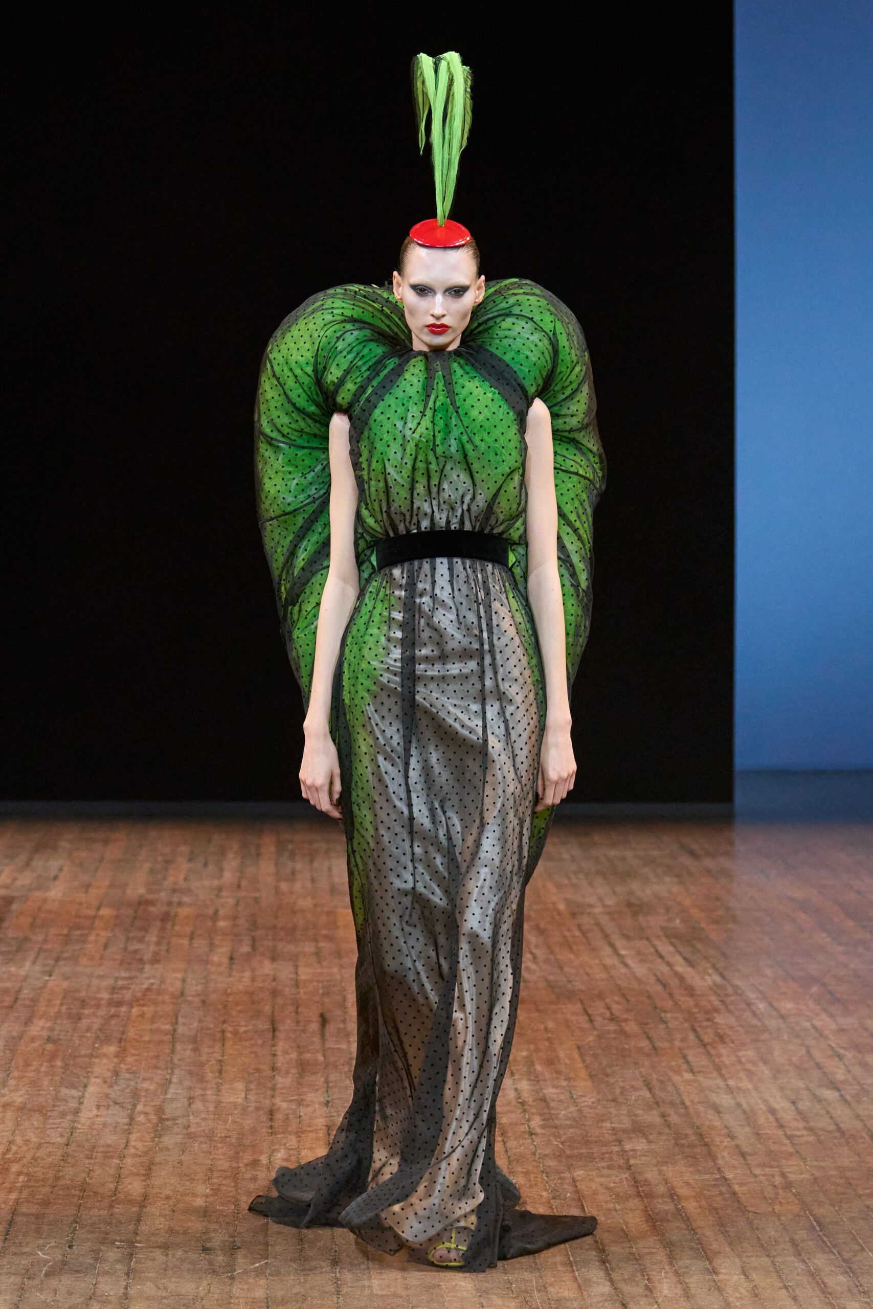green silk pleated gown
