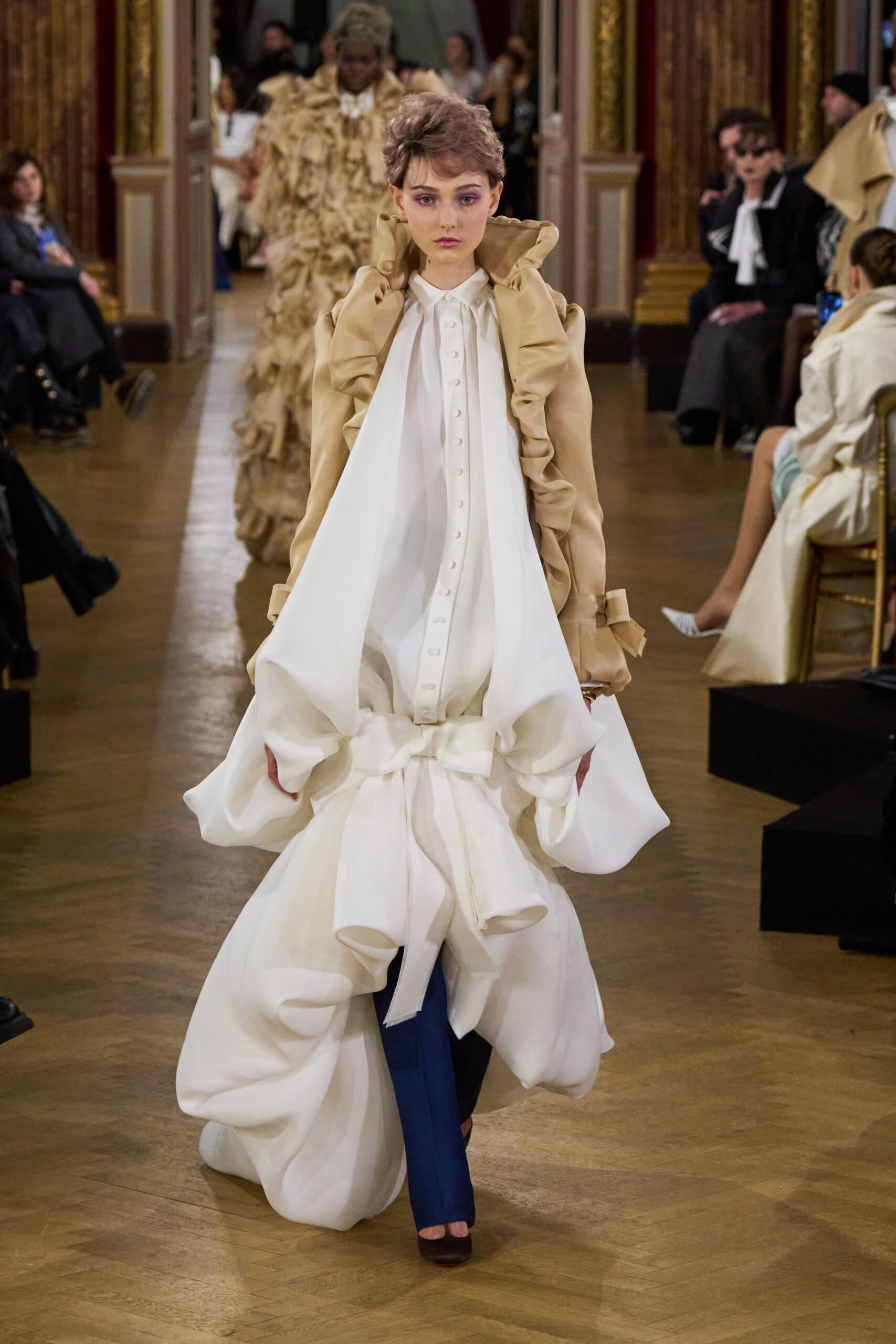 beige silk long-sleeve collared fitted ruffled layered dress