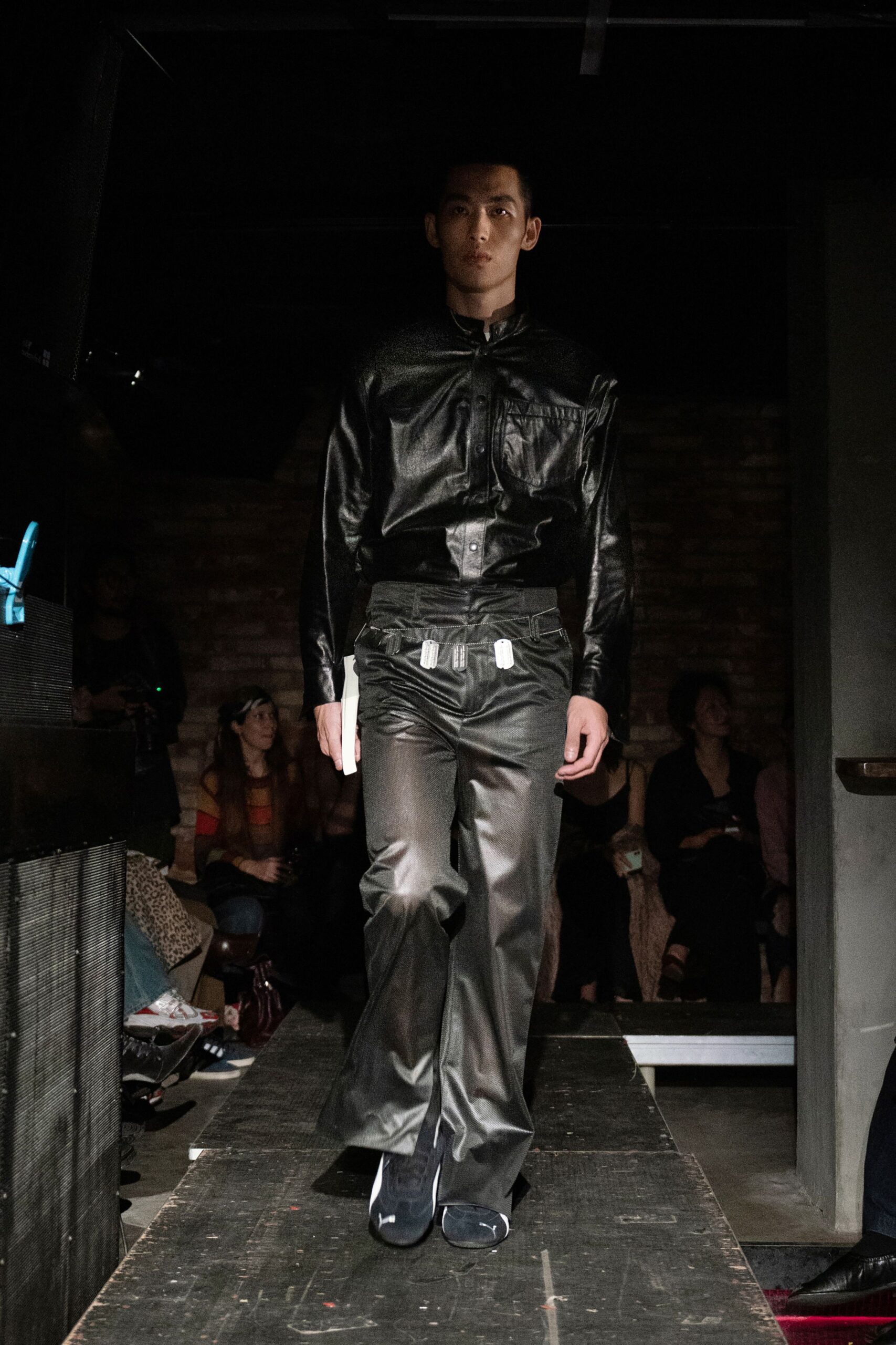 black leather fitted shirt and pants