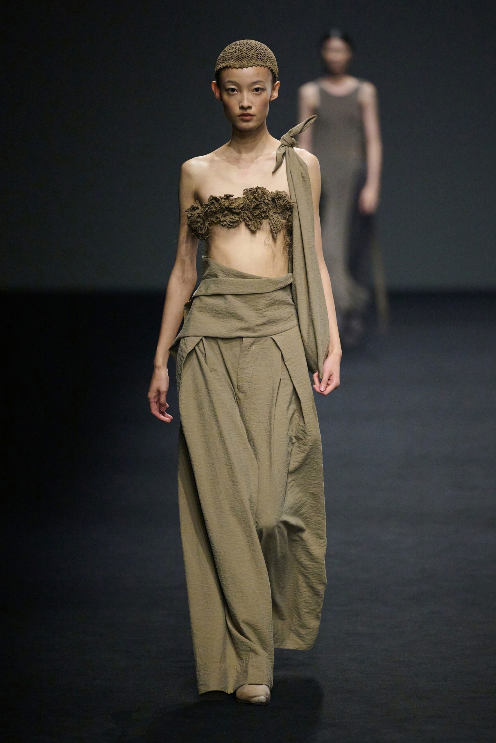 beige off-shoulder top with wide-leg pants