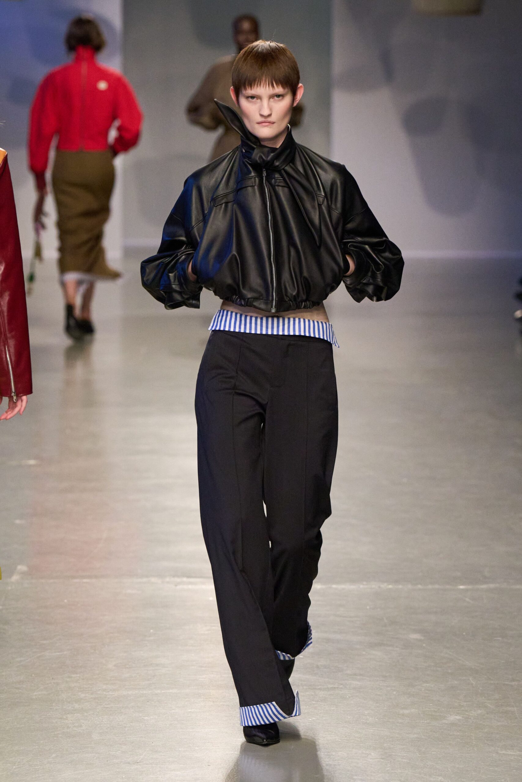 black silk long-sleeve high-neck relaxed draped top