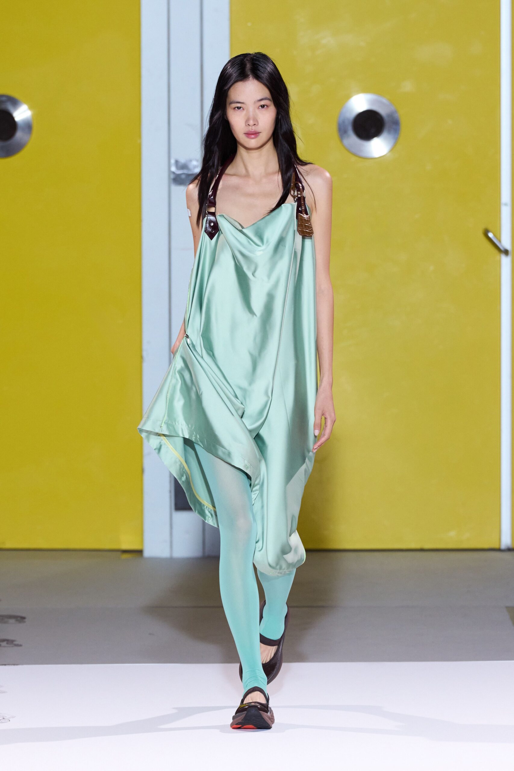 green silk sleeveless v-neck relaxed draped flowing dress