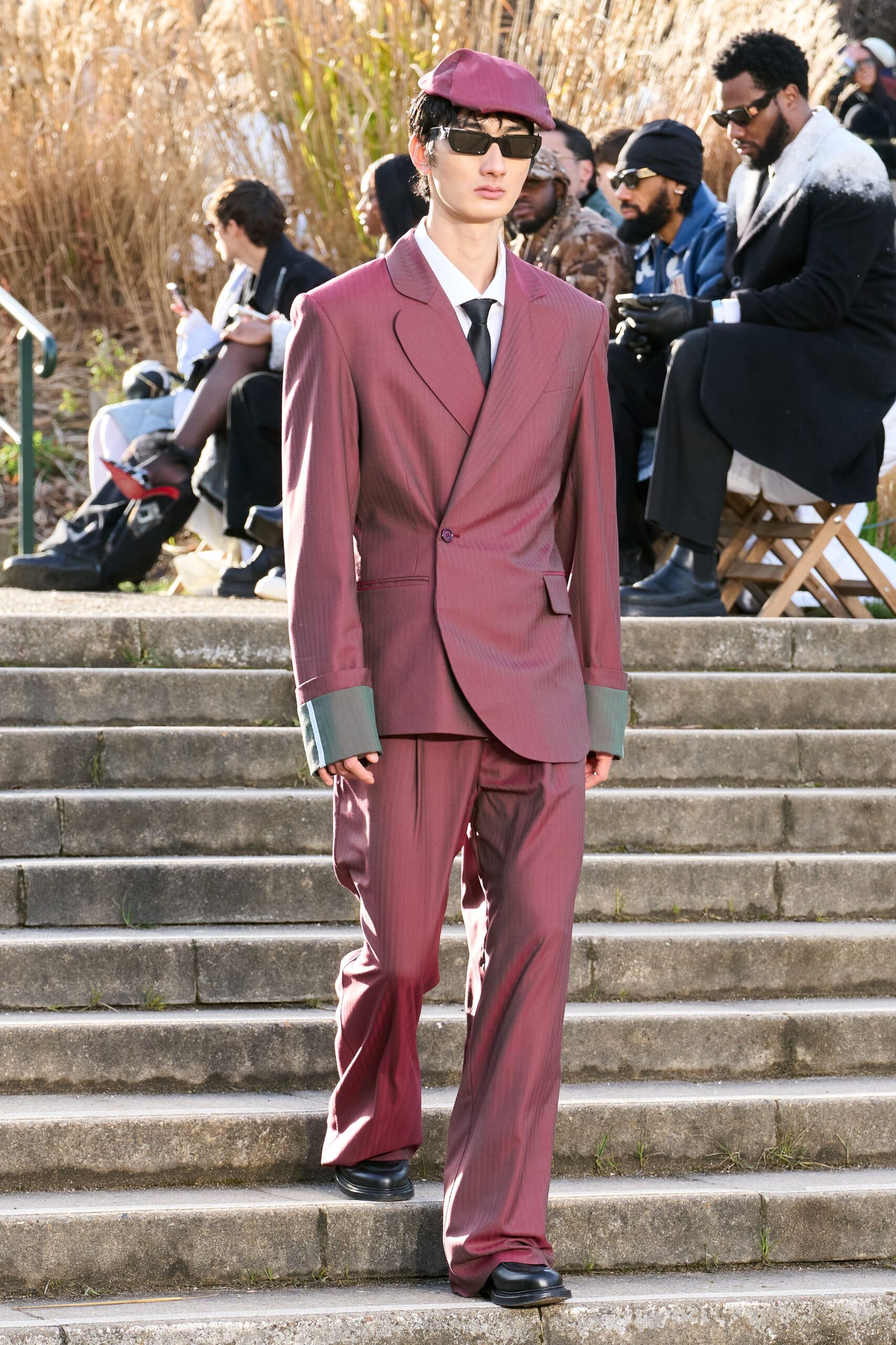 red cotton long-sleeve collared tailored striped buttoned suit