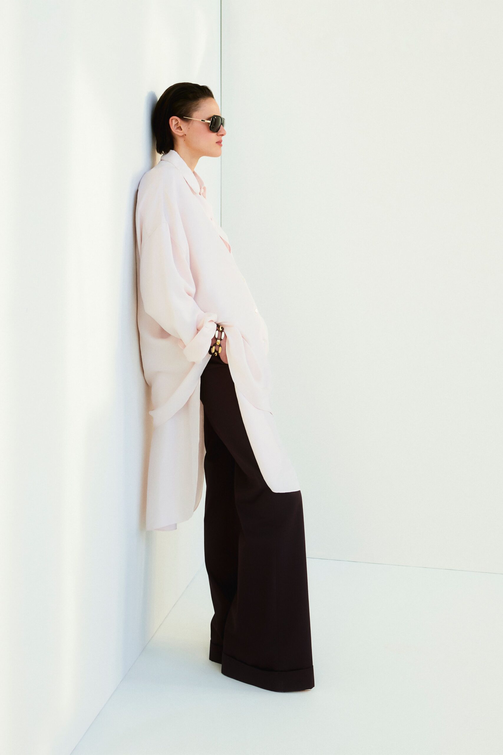 pink silk long-sleeve collared oversized buttoned shirt