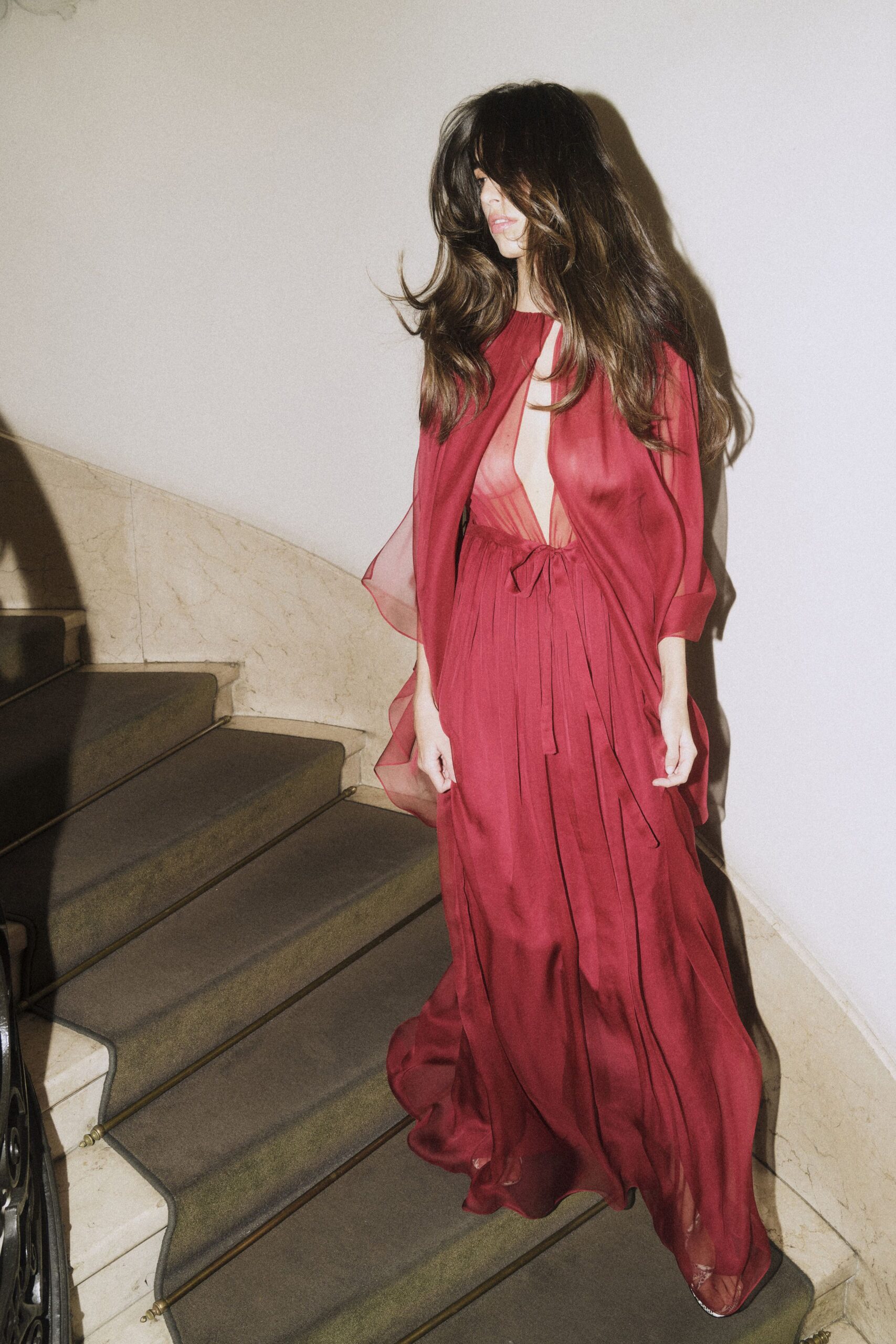 red silk sleeveless gown