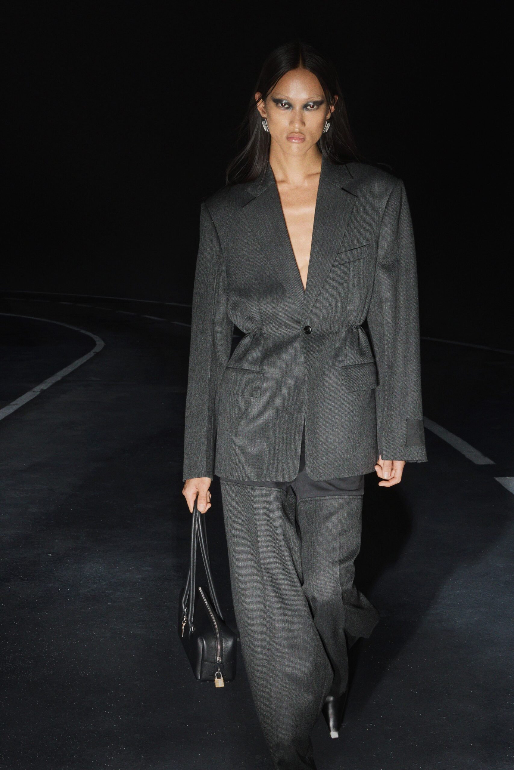 gray wool long-sleeve v-neck tailored buttoned straight-leg suit