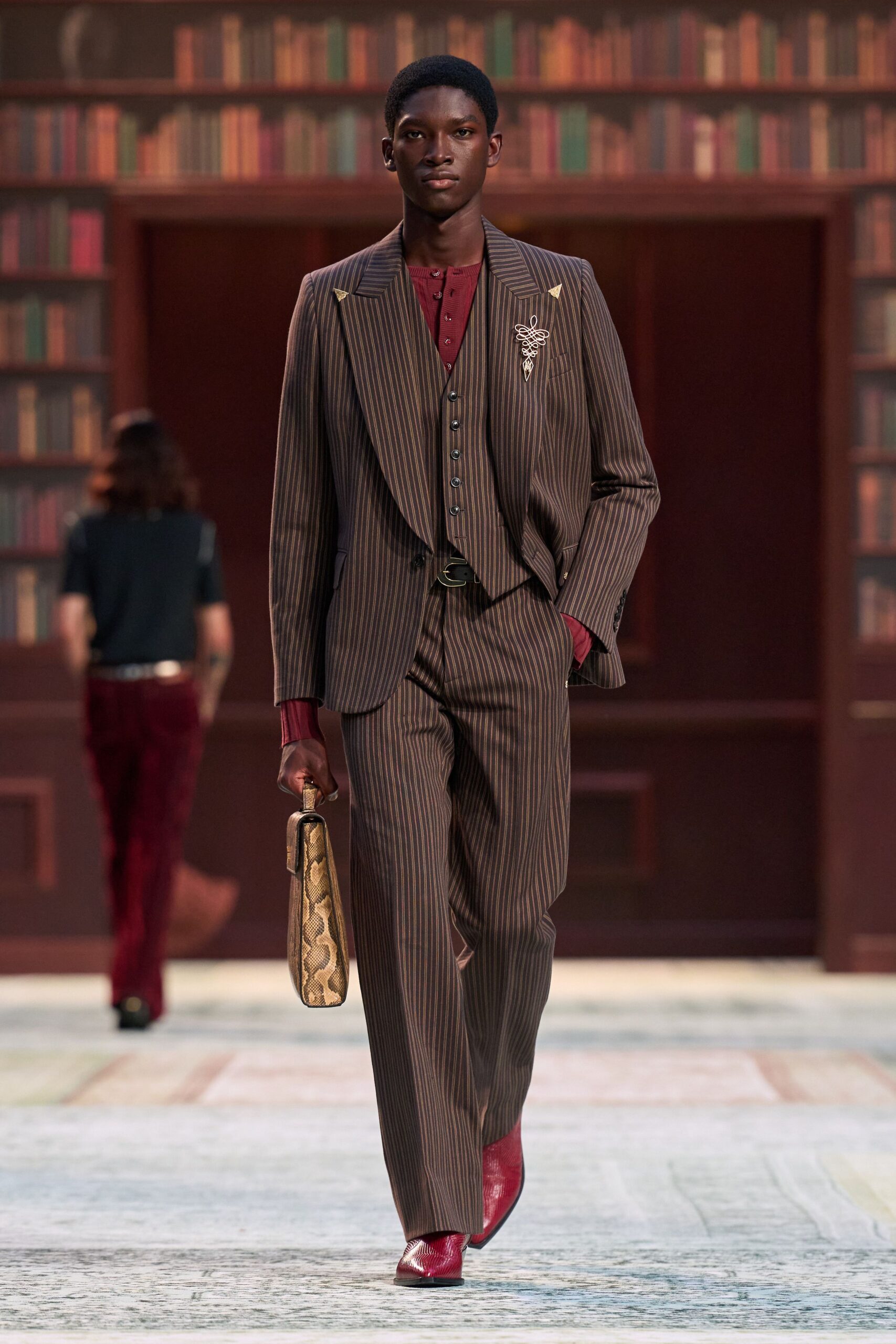 brown striped tailored suit