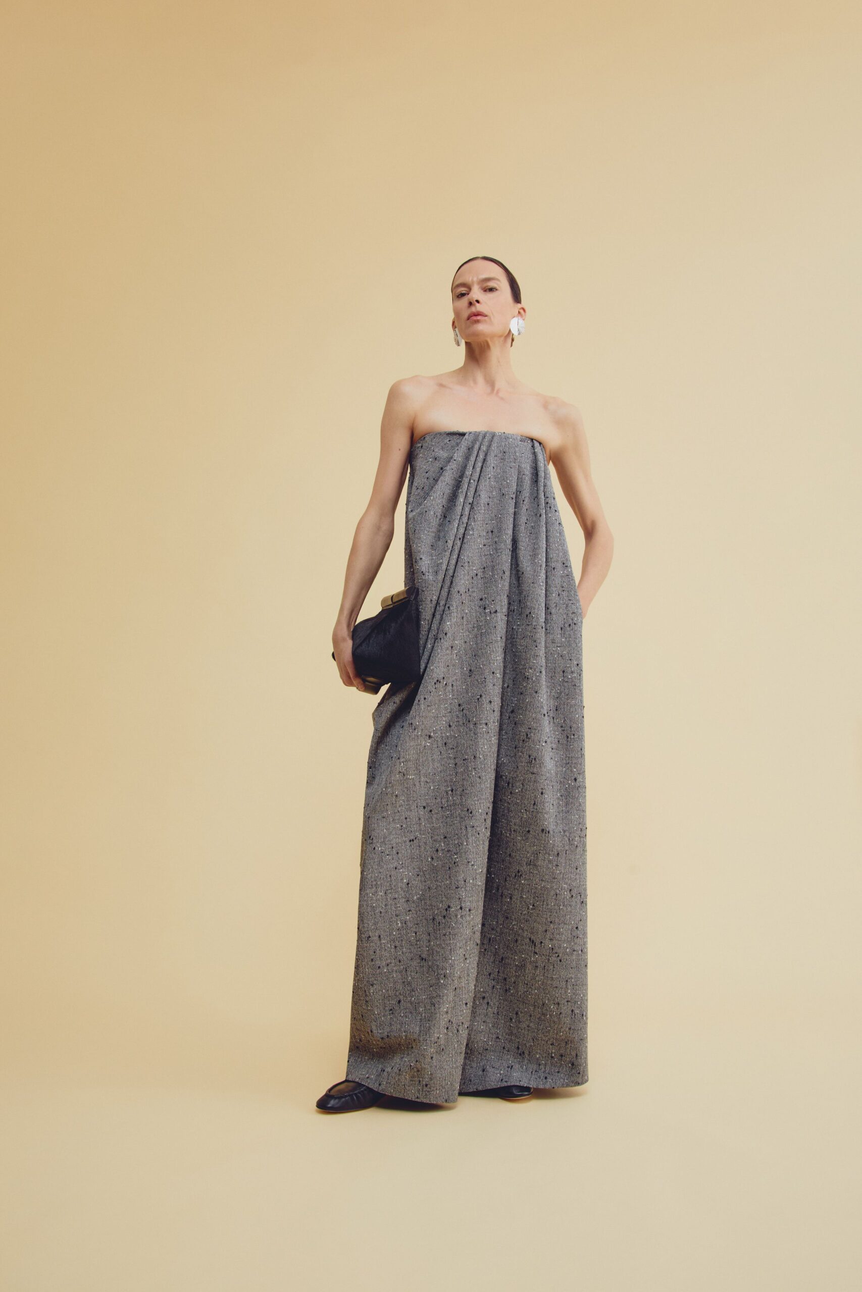 gray cotton strapless relaxed pleated jumpsuit