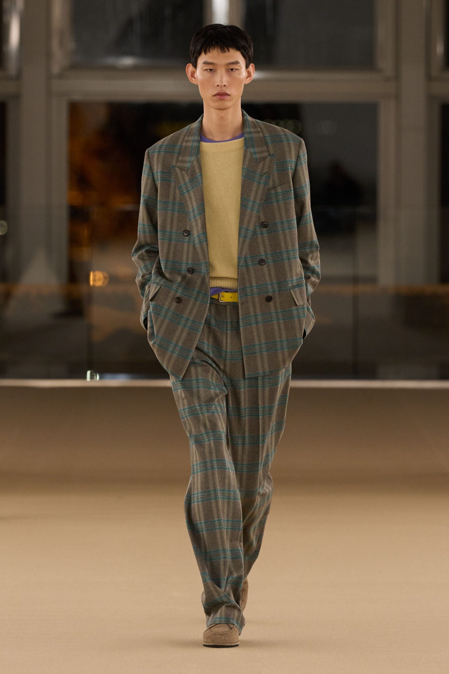 brown checked tailored suit