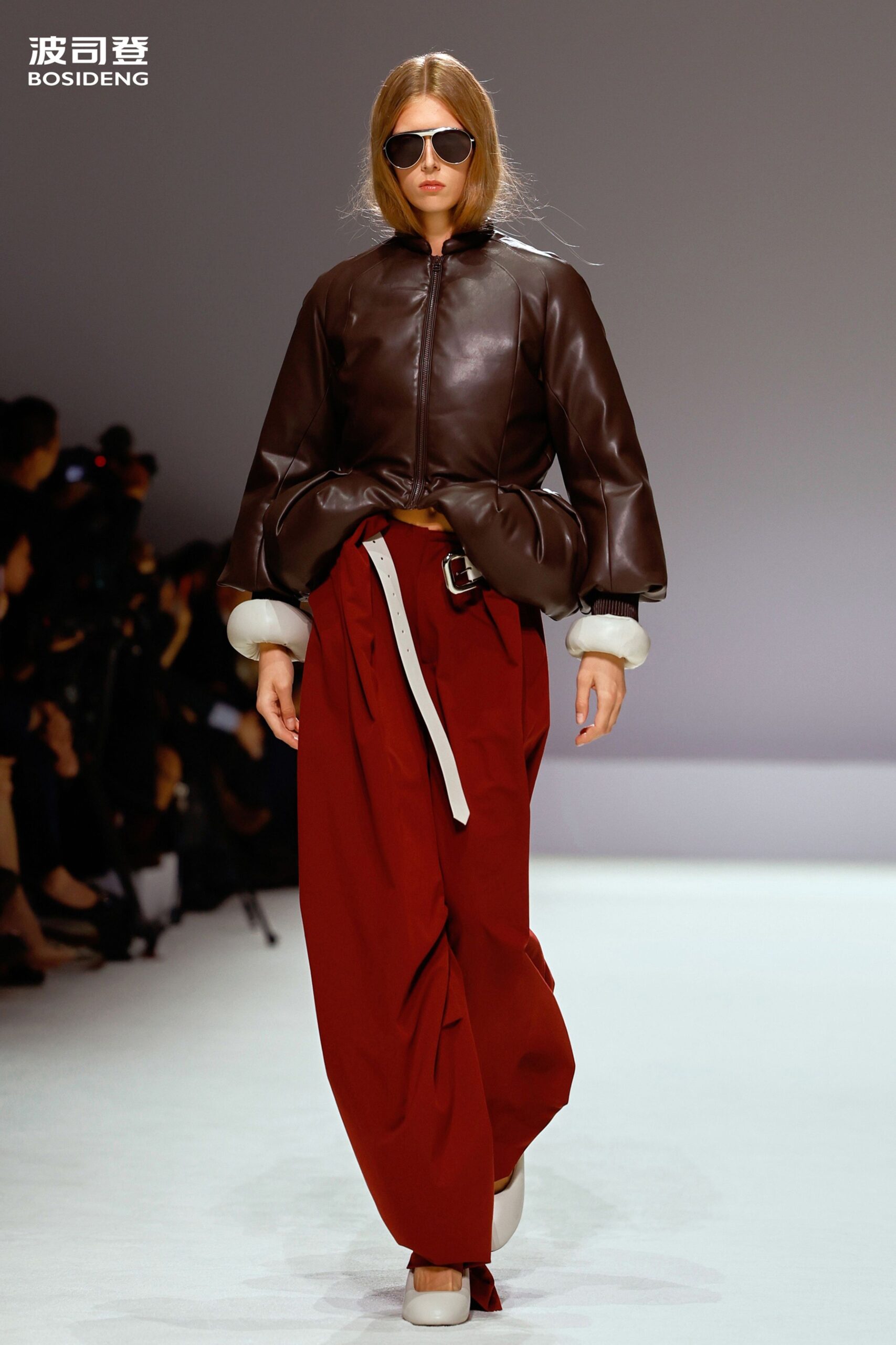 brown leather long-sleeve collared relaxed padded jacket