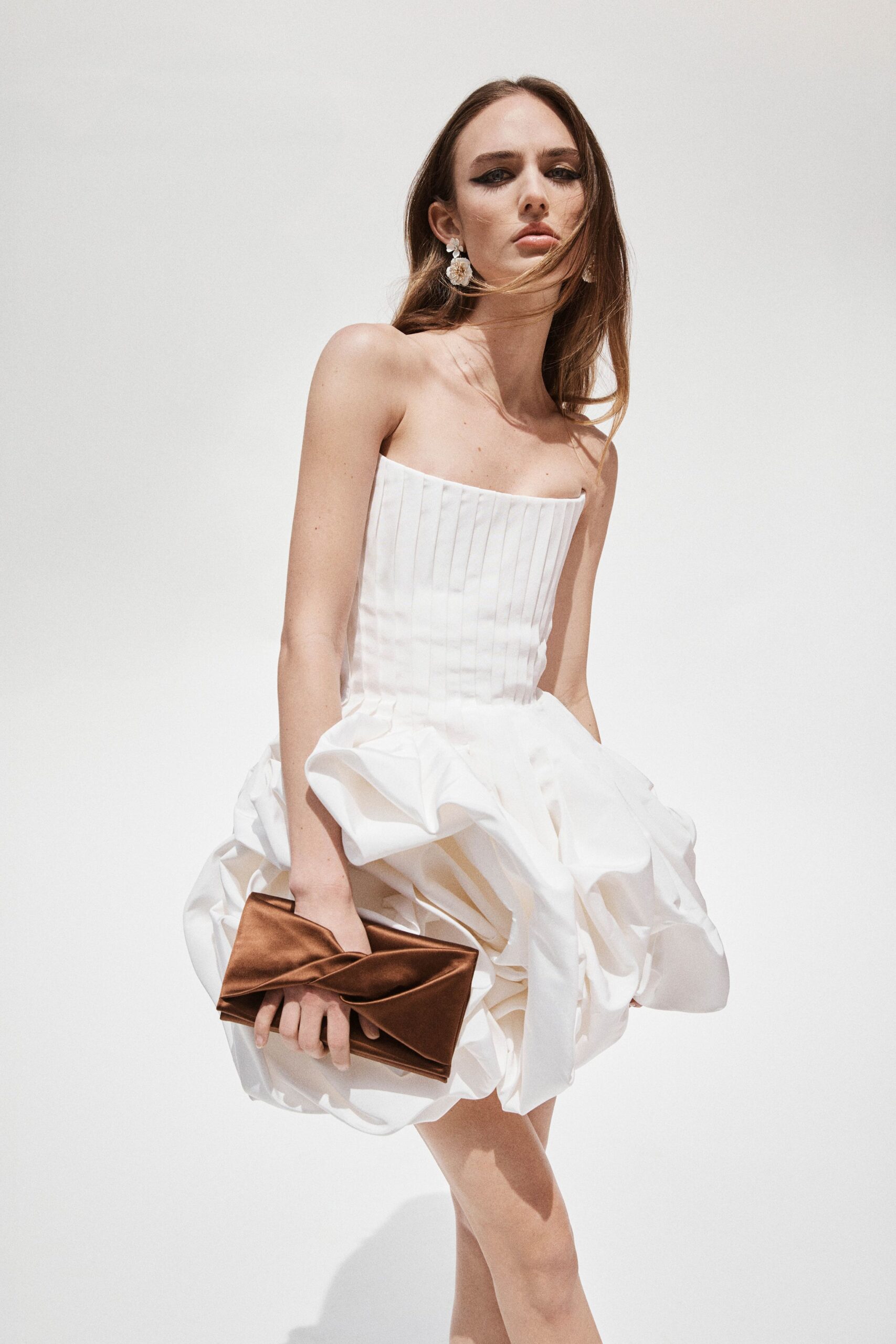 white cotton strapless fitted pleated tiered mini dress