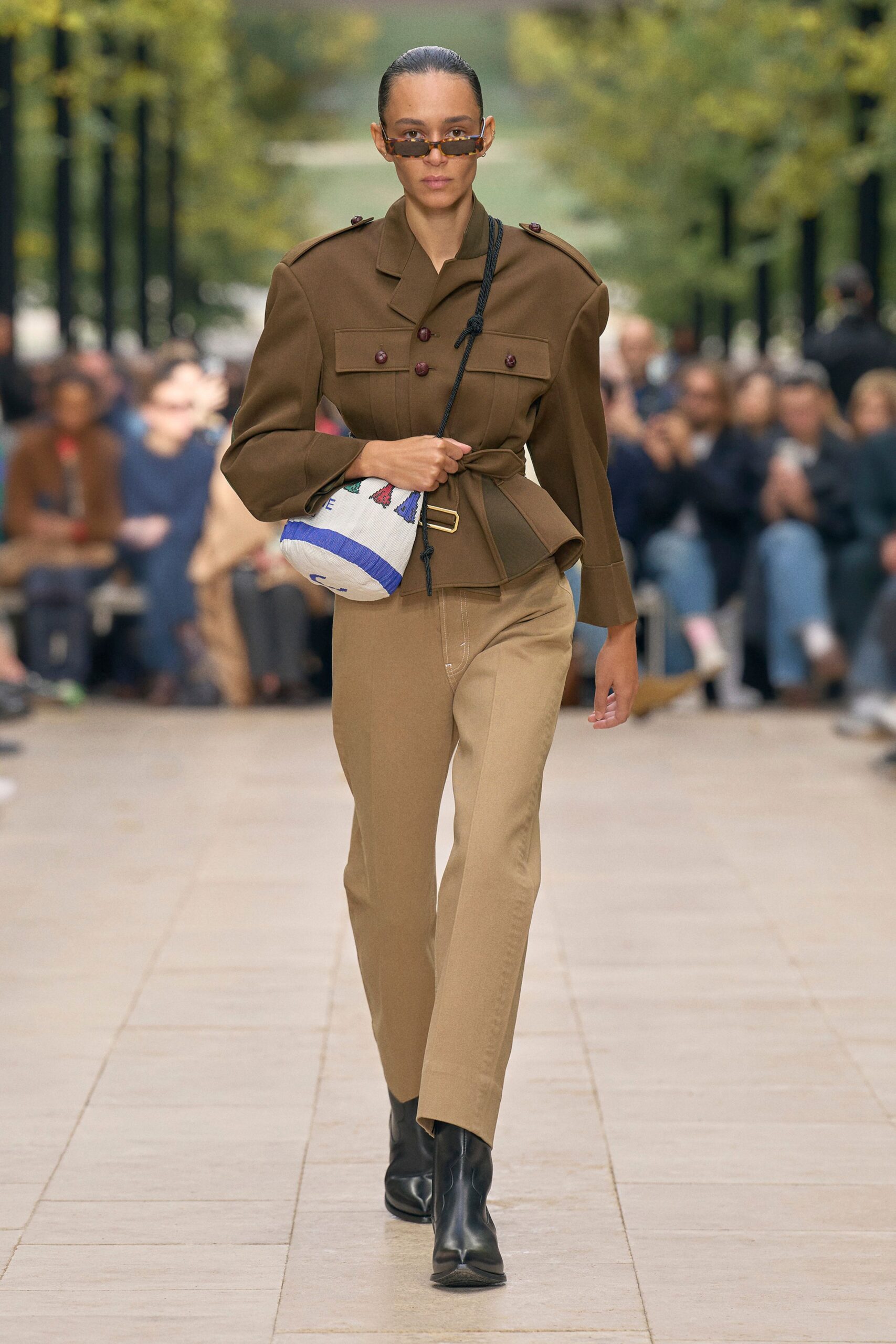 brown structured jacket beige pants