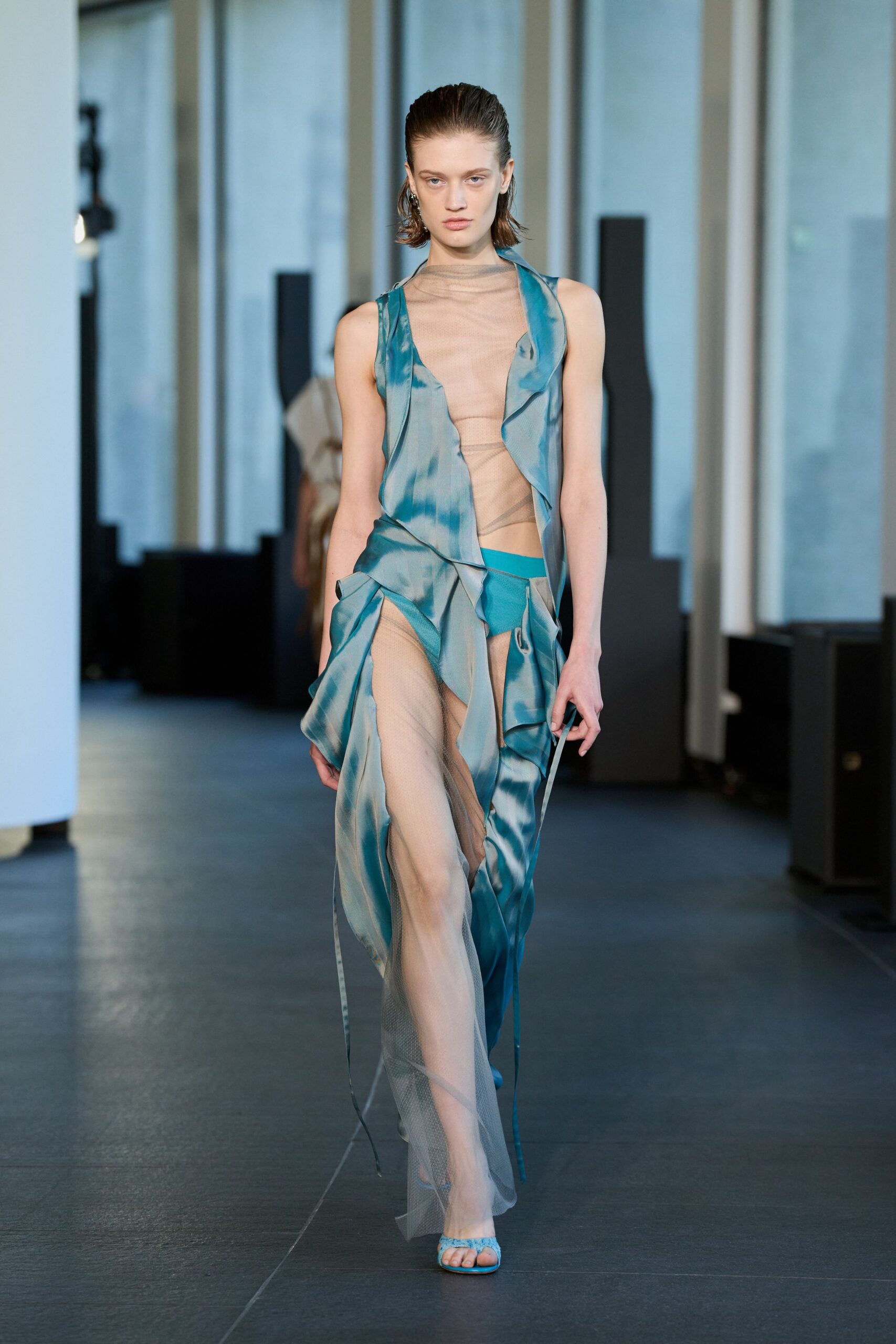 blue silk sleeveless v-neck fitted layered draped dress