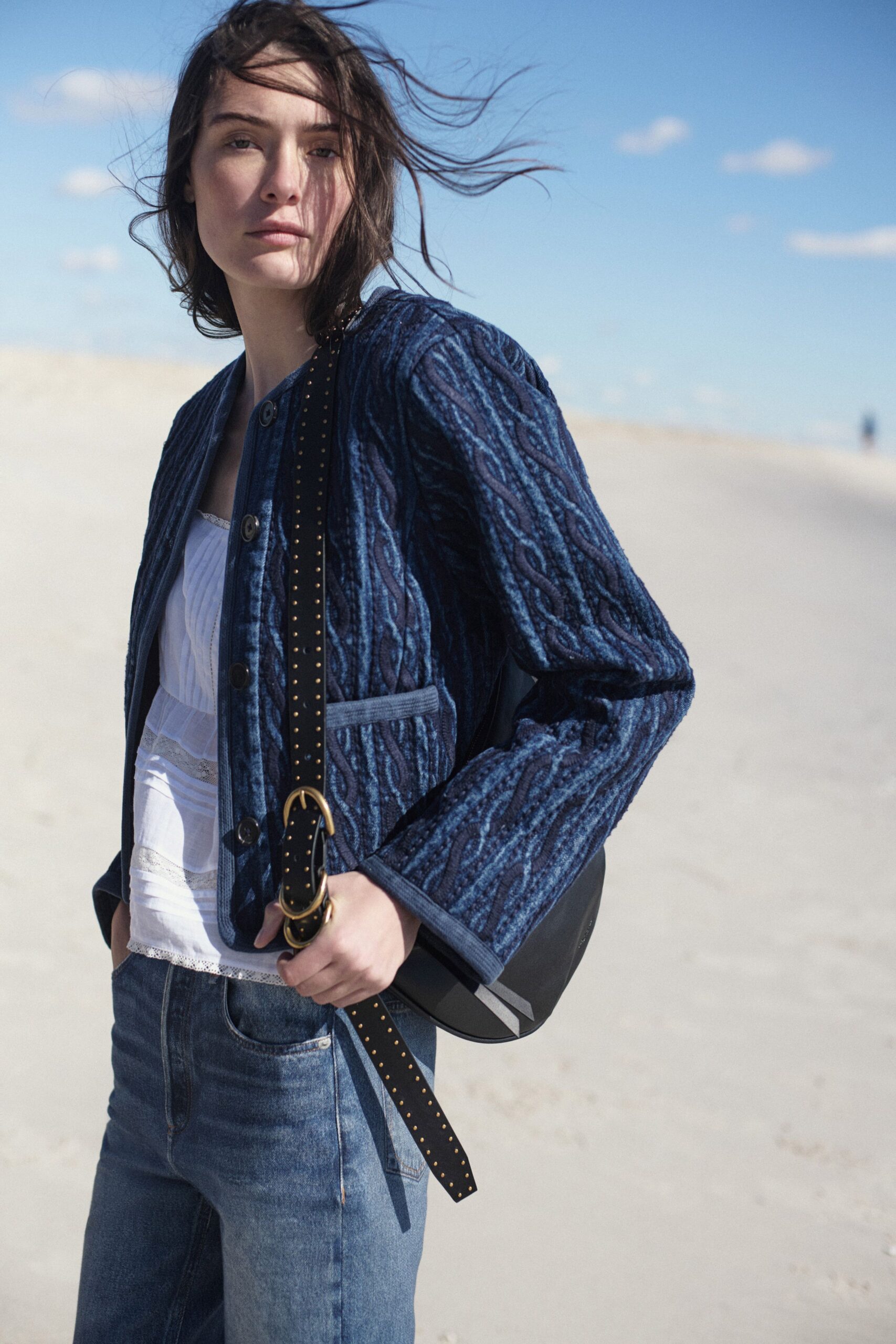 blue cotton long-sleeve collared relaxed textured jacket