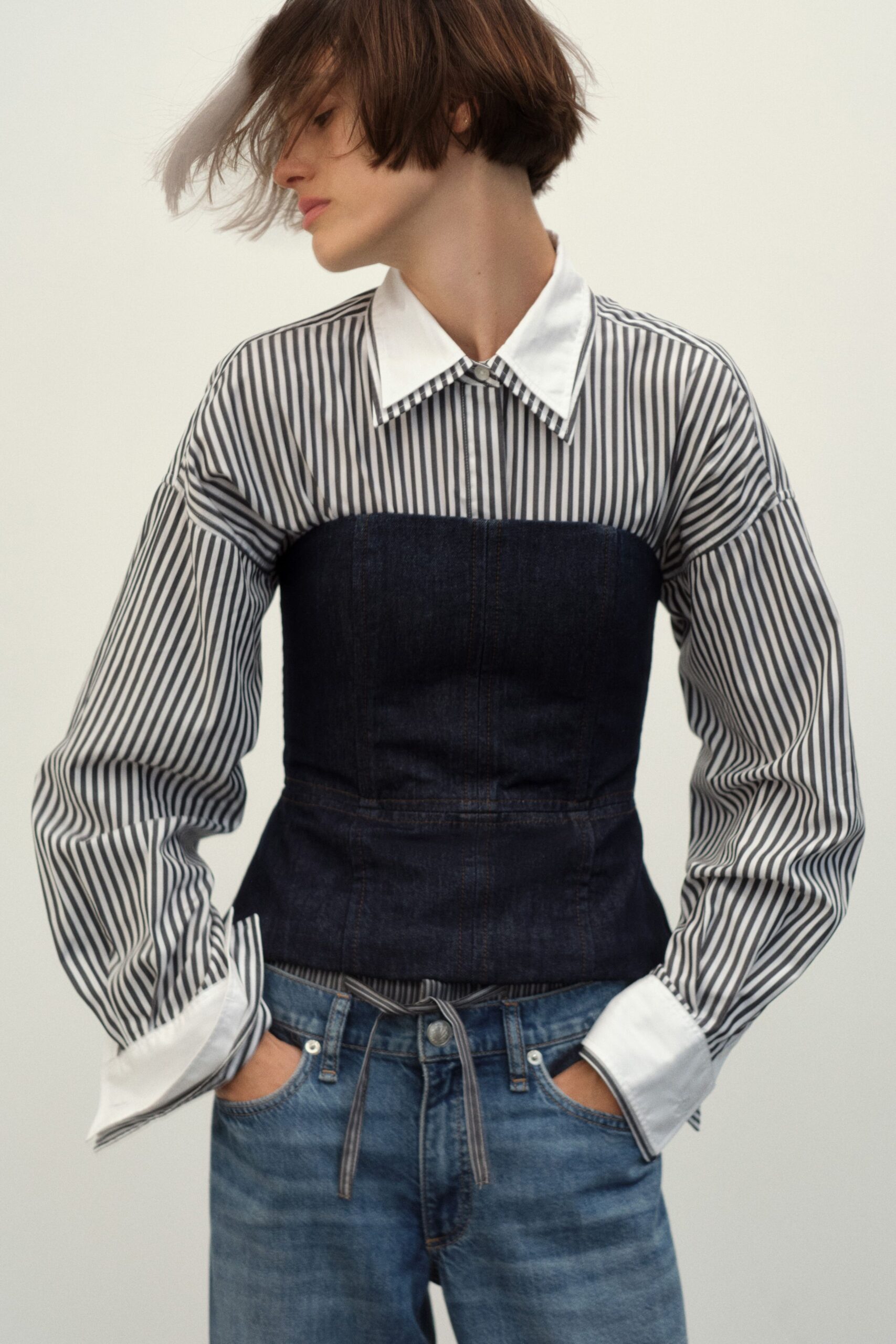 fitted striped shirt with denim top