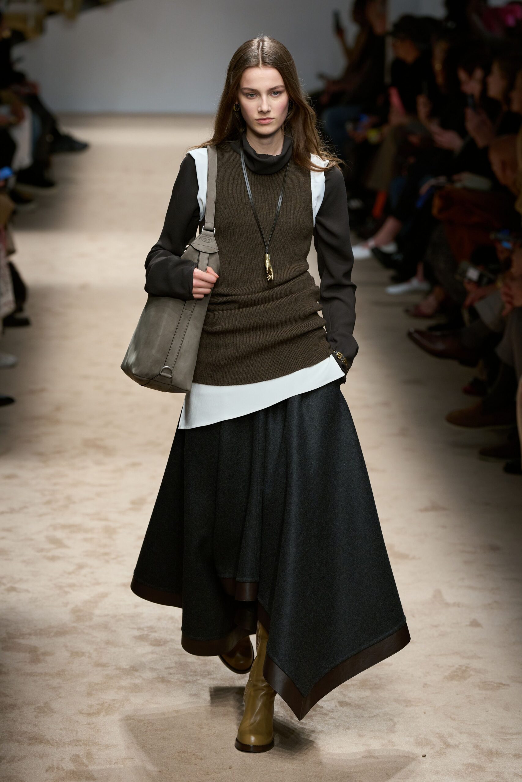 black wool long-sleeve fitted flared maxi skirt