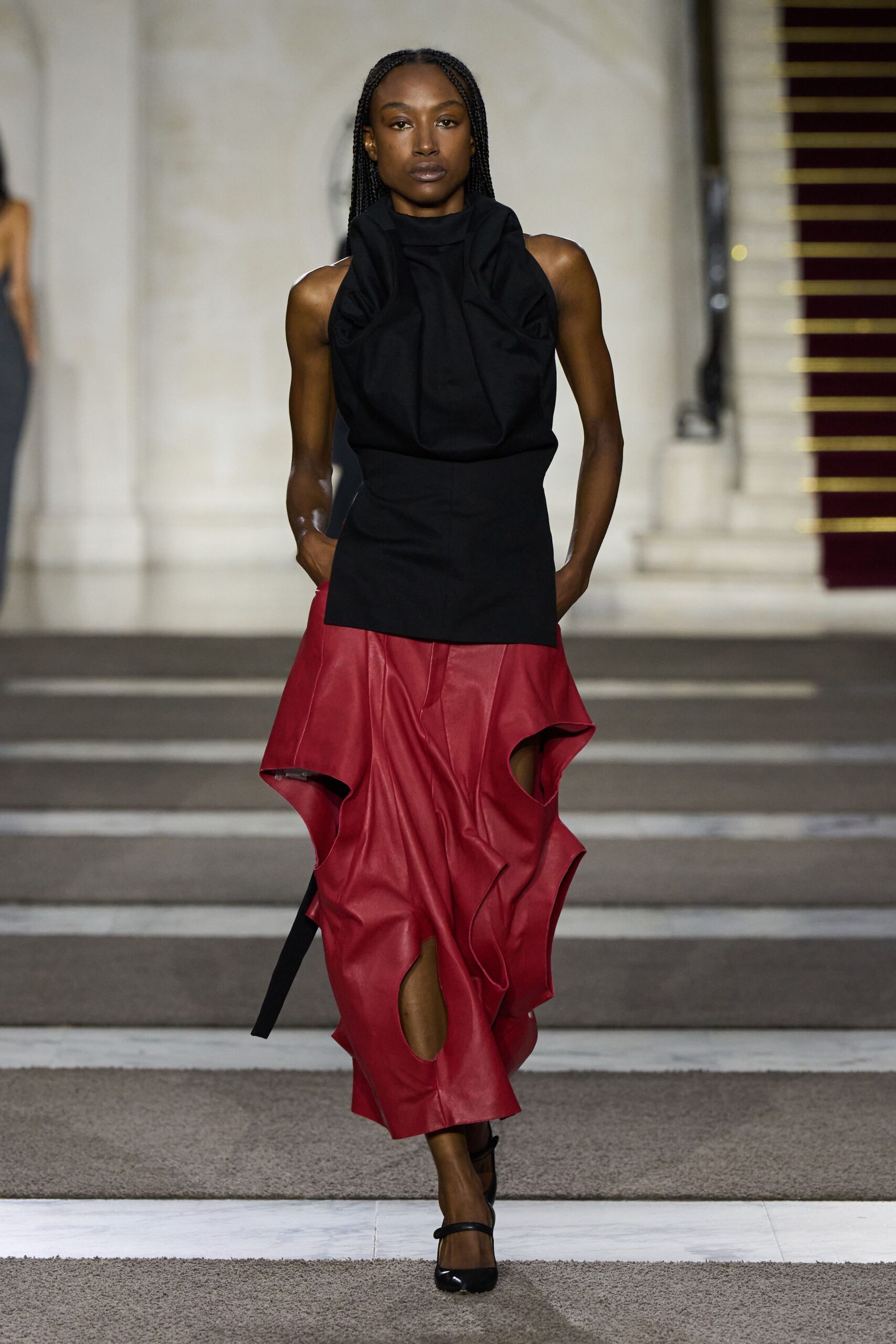 red leather asymmetric fitted flared skirt