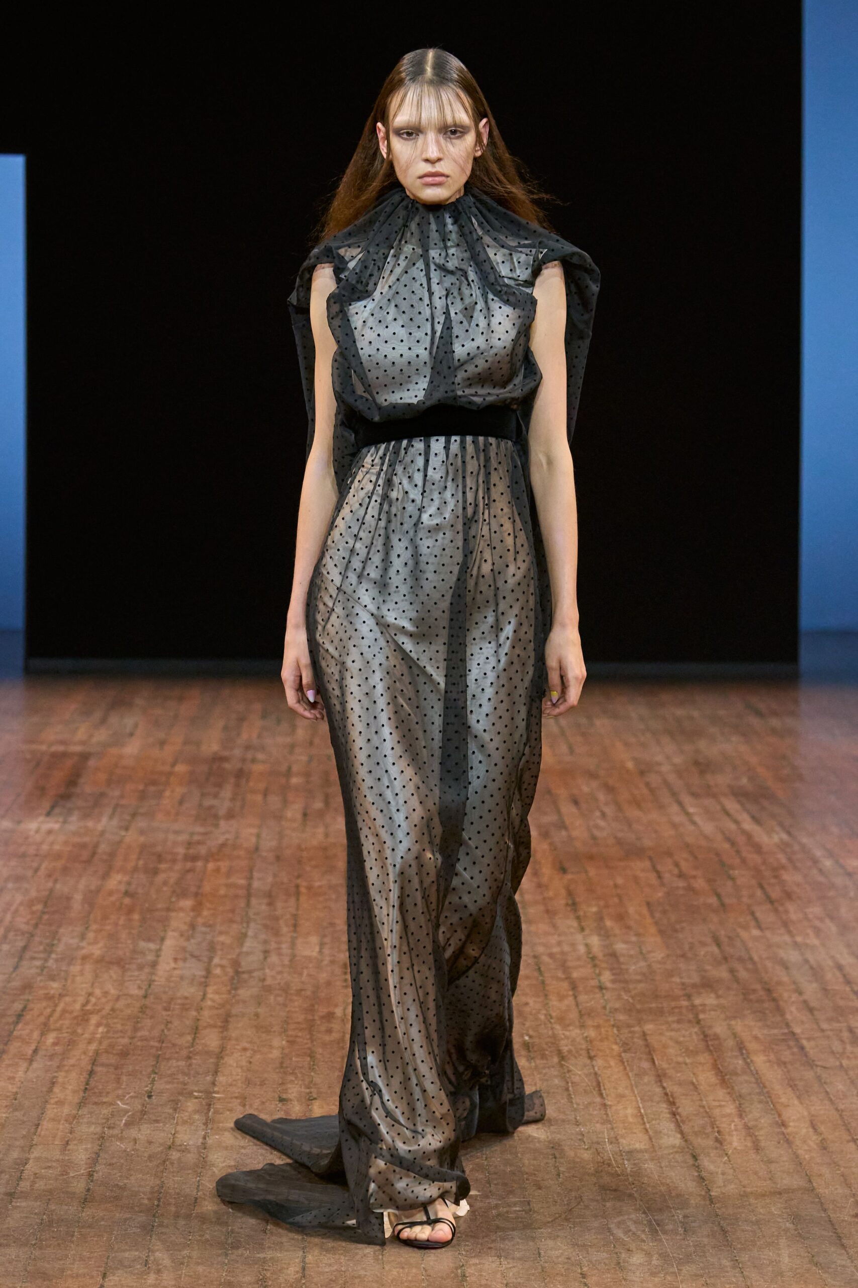 black silk sleeveless high-neck fitted polka-dot draped gown