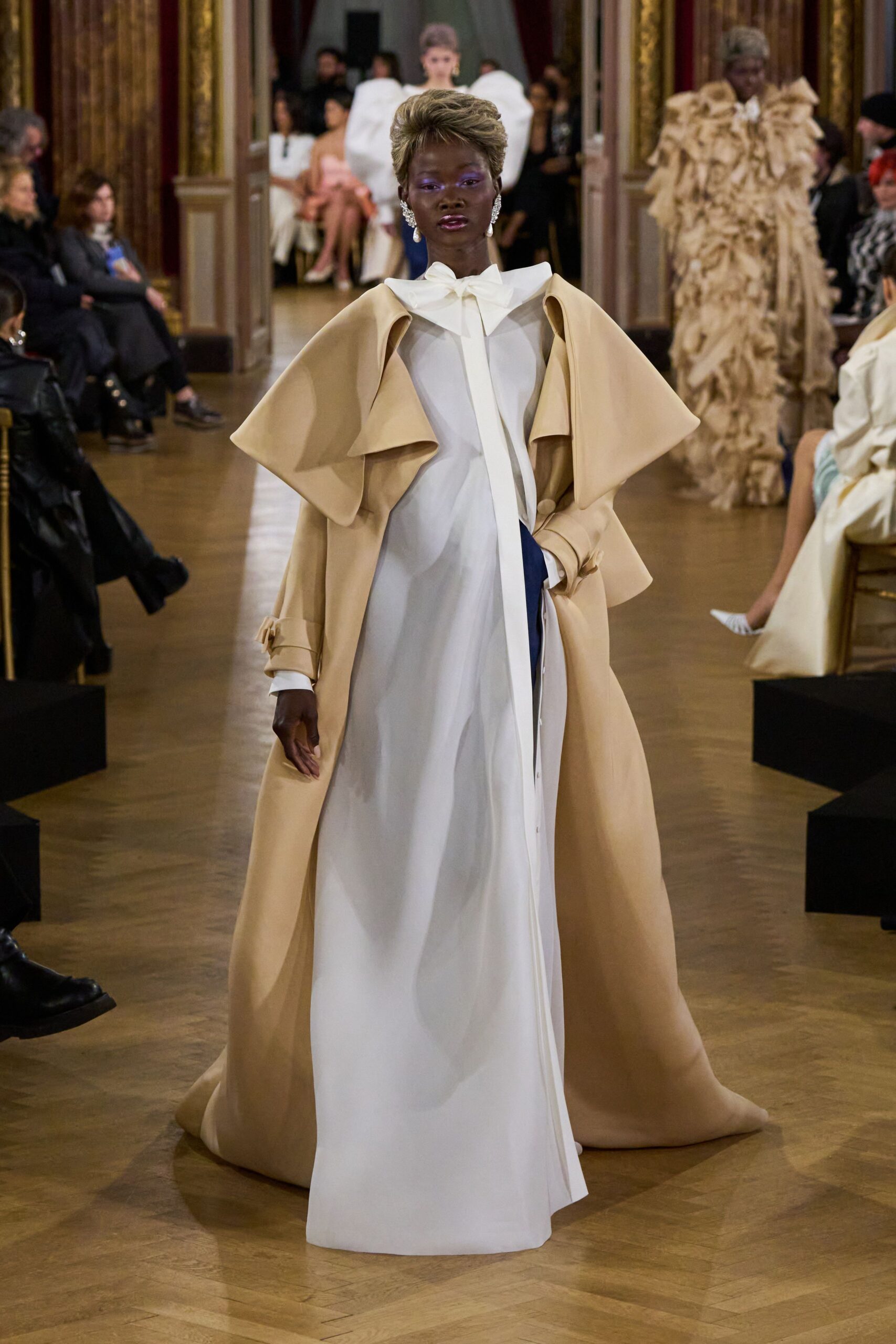 white silk long-sleeve collared fitted draped maxi gown