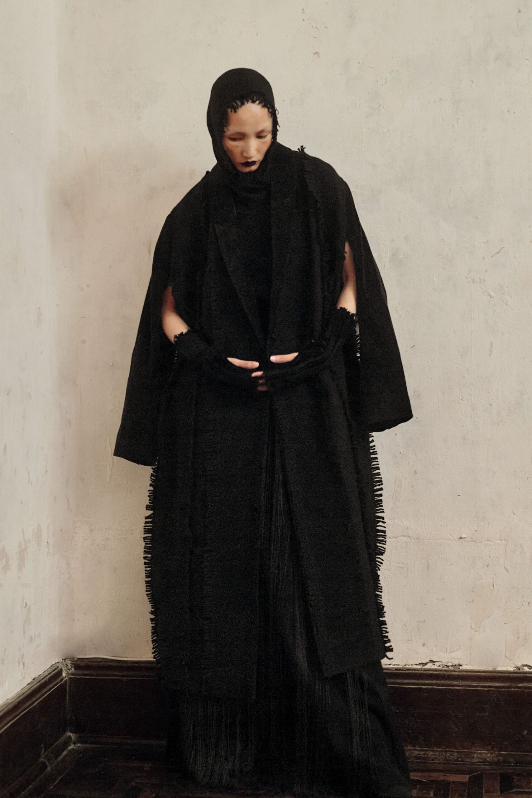 black wool sleeveless fitted straight-leg maxi dress