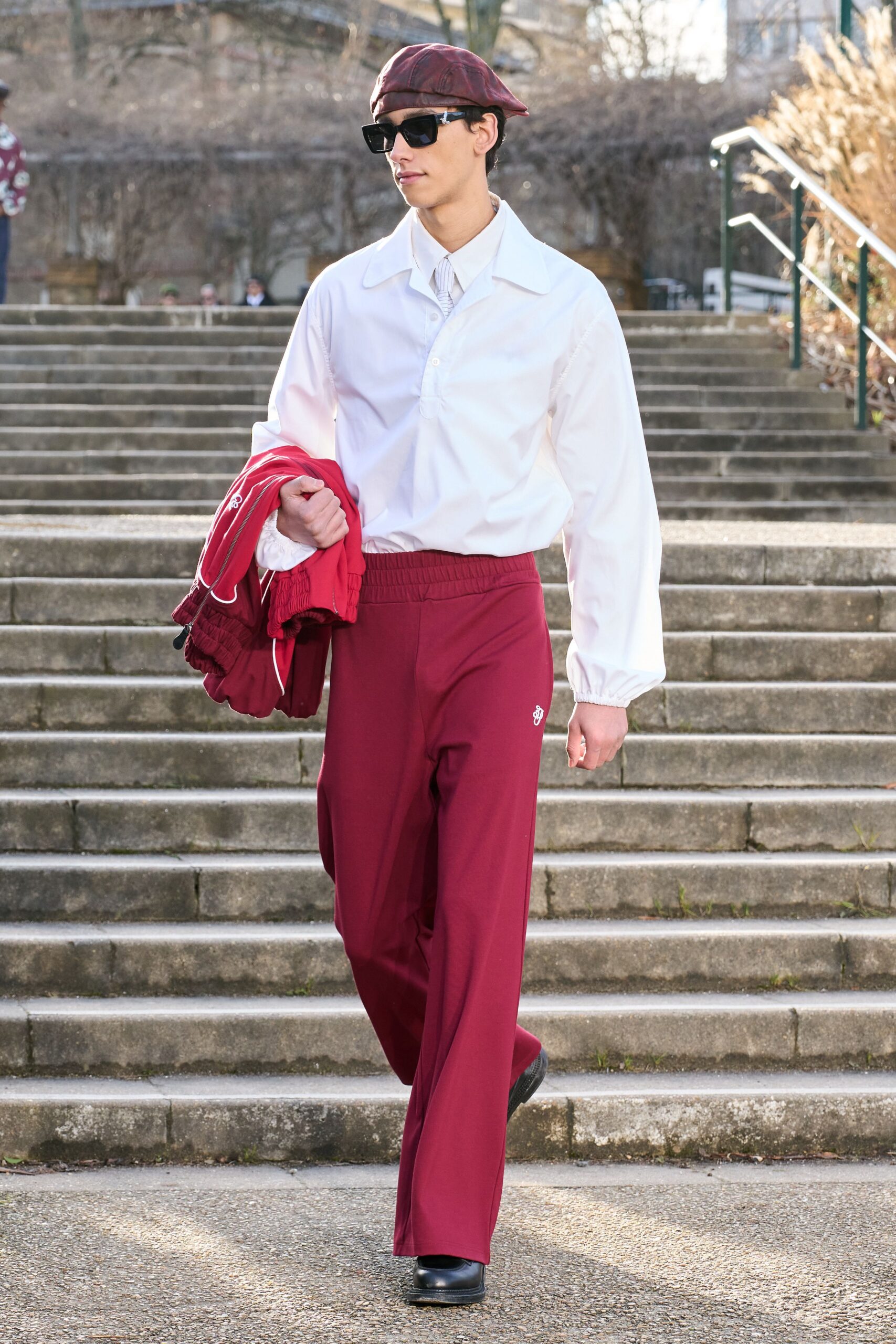 white shirt red pants outfit