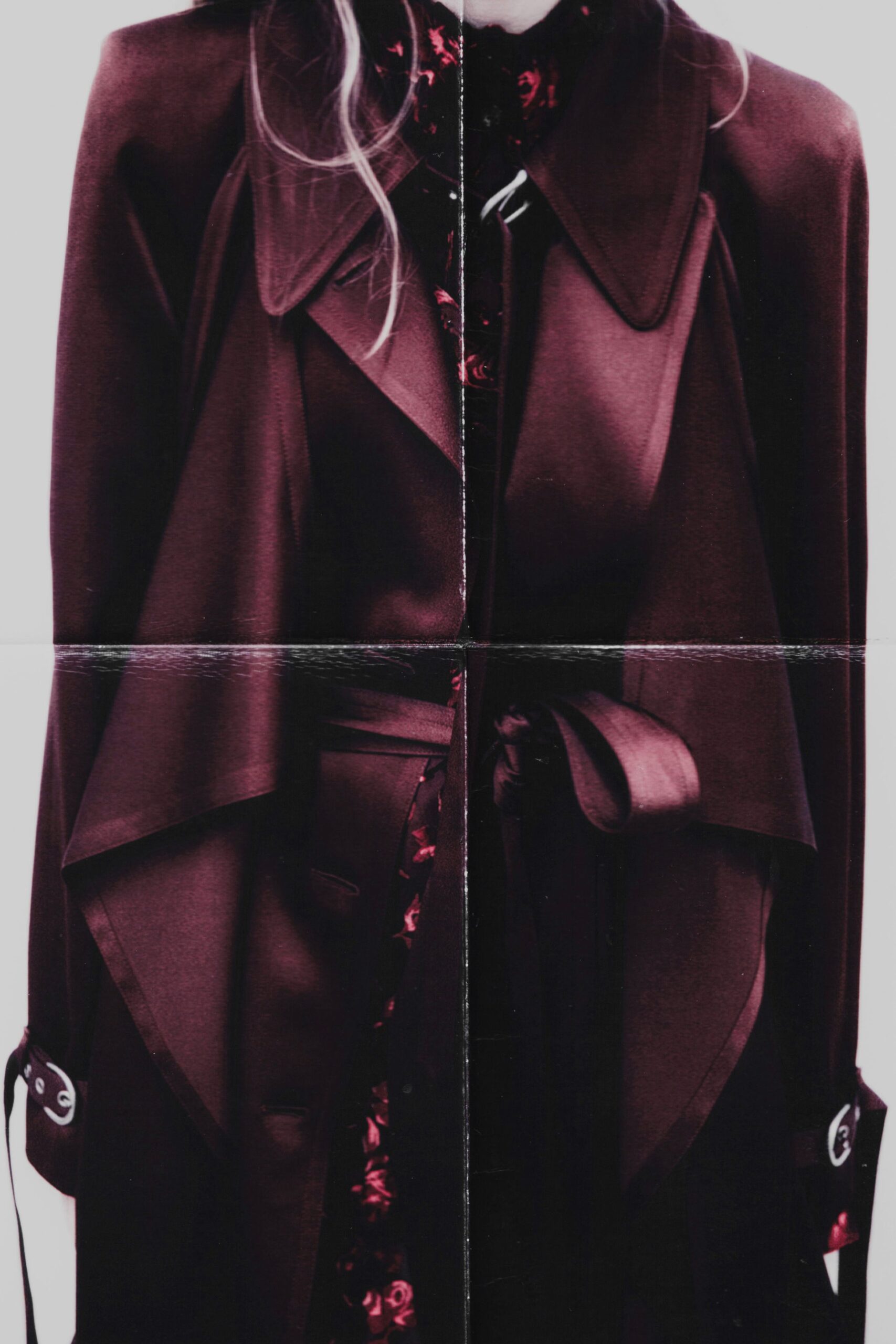 maroon silk long-sleeve collared structured draped belted coat