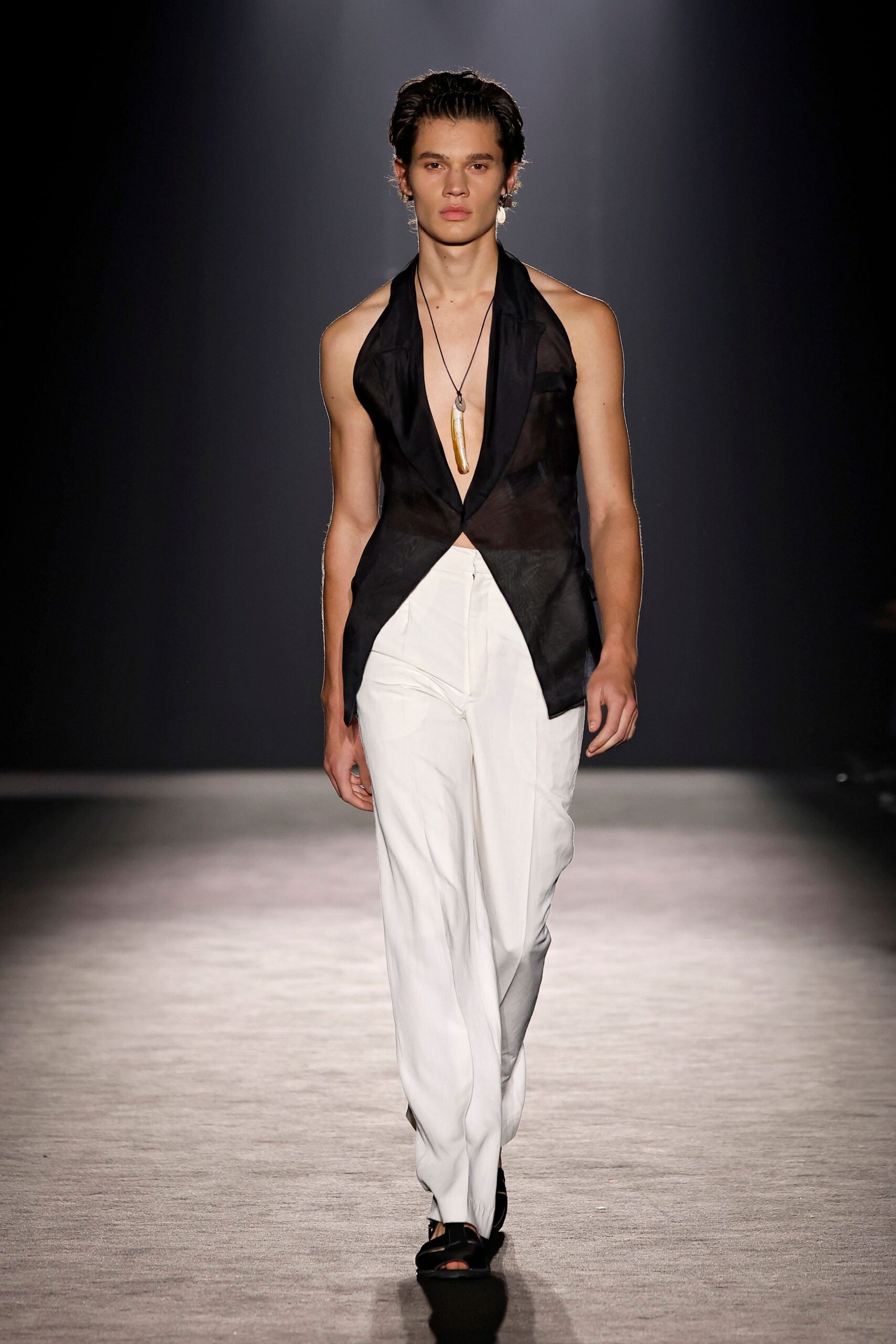 black silk sleeveless v-neck fitted sheer shirt