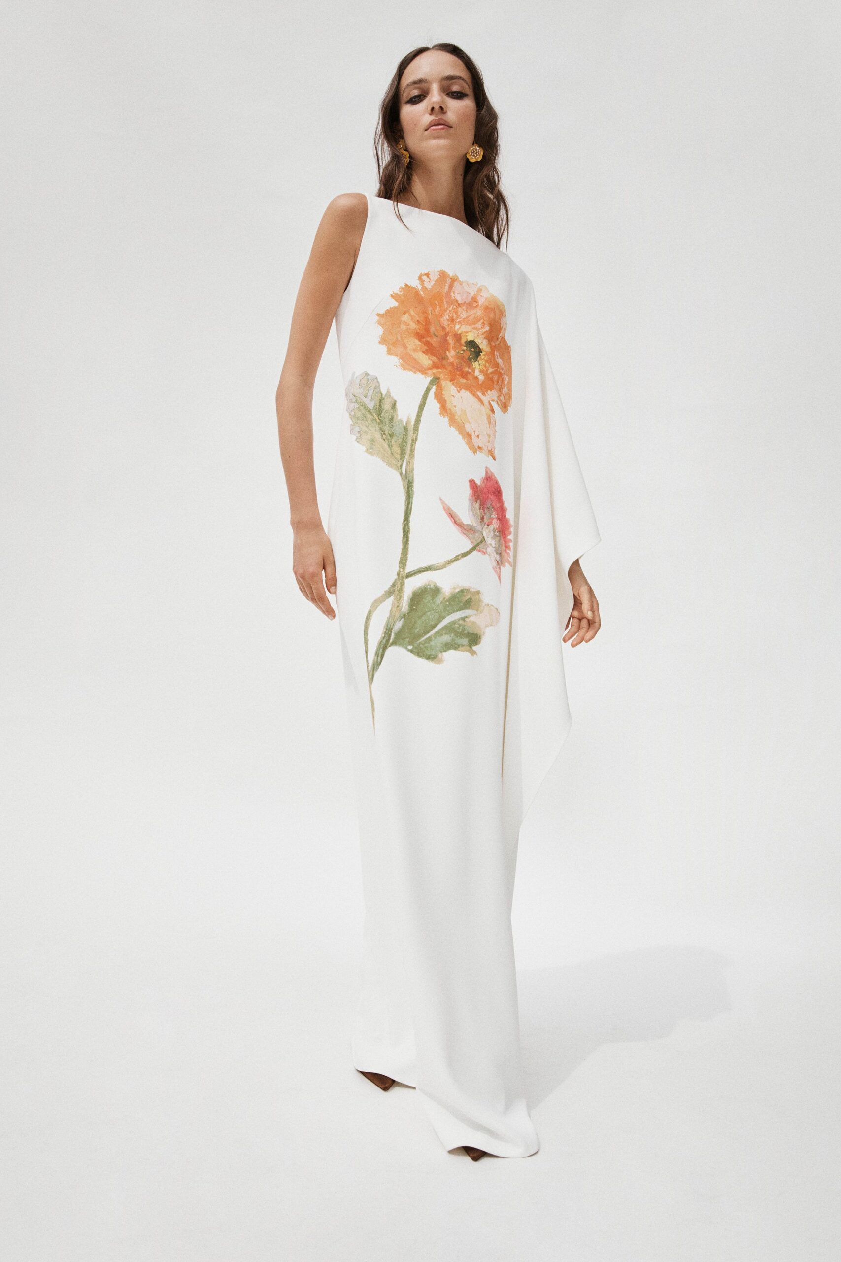 white floral gown with brown shoes