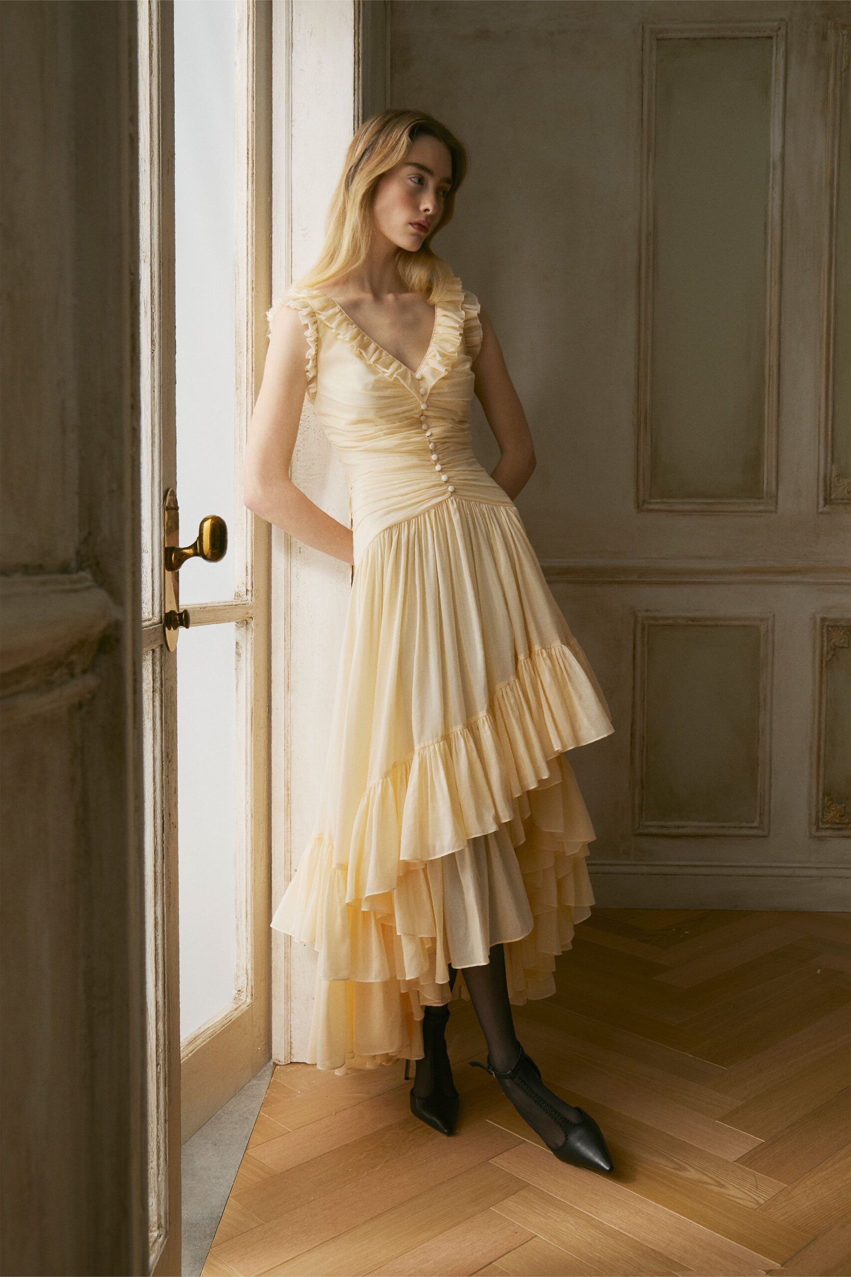 yellow cotton sleeveless v-neck fitted ruffled tiered dress